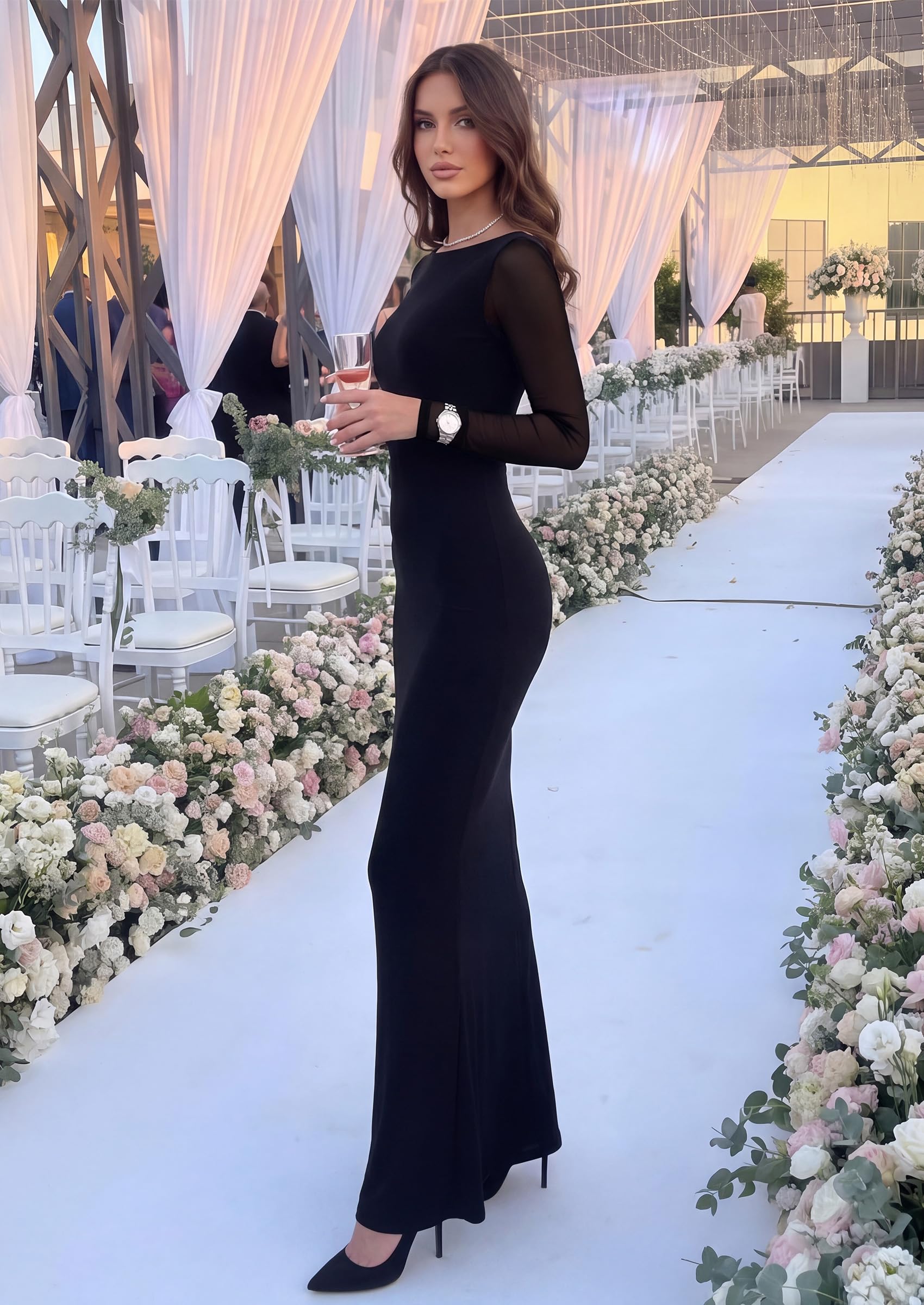Women's Mesh Long Sleeve Maxi Dress Fall Wedding Guest Dresses