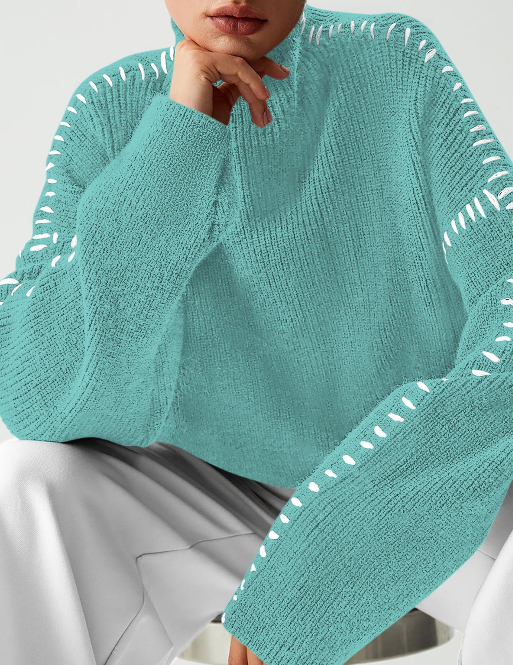 Womens Chunky Knit Oversized Pullover Sweaters,Aqua Blue,S