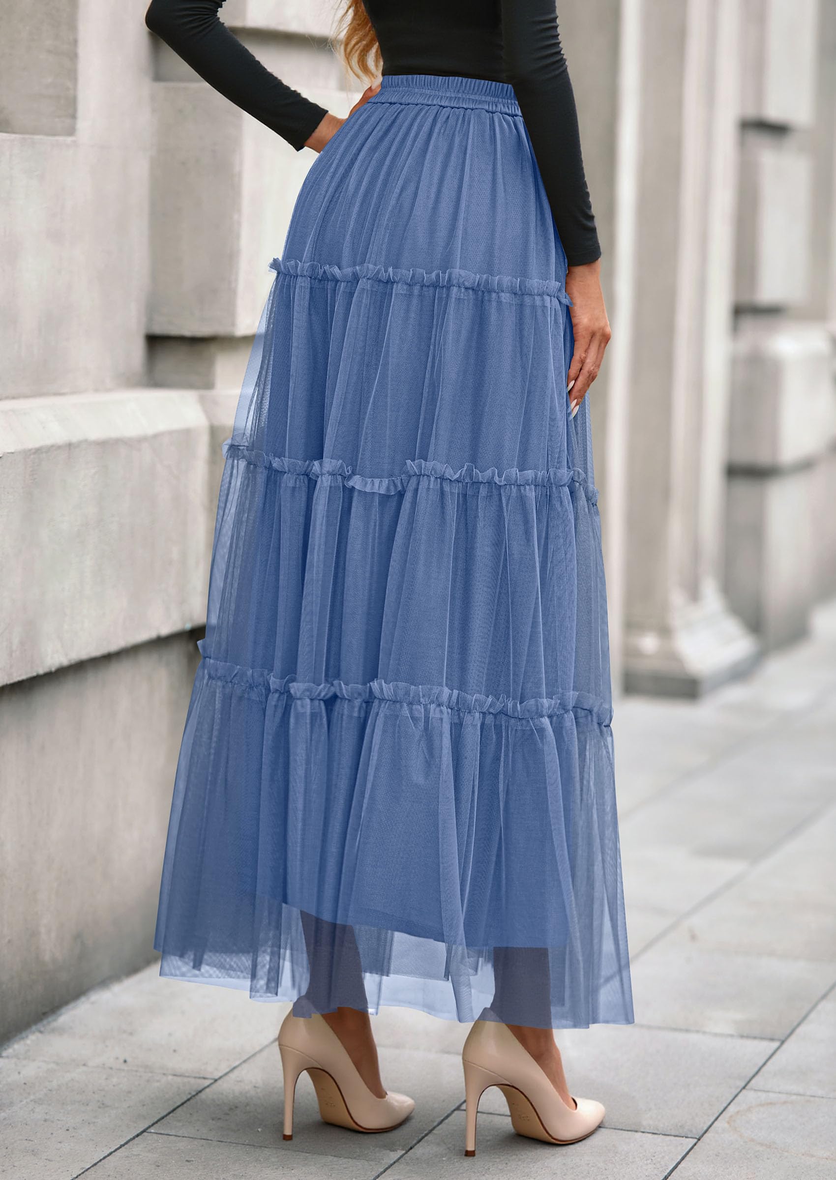 Women's Fall Soft Tulle Tiered Long Skirt,Grey Blue,S
