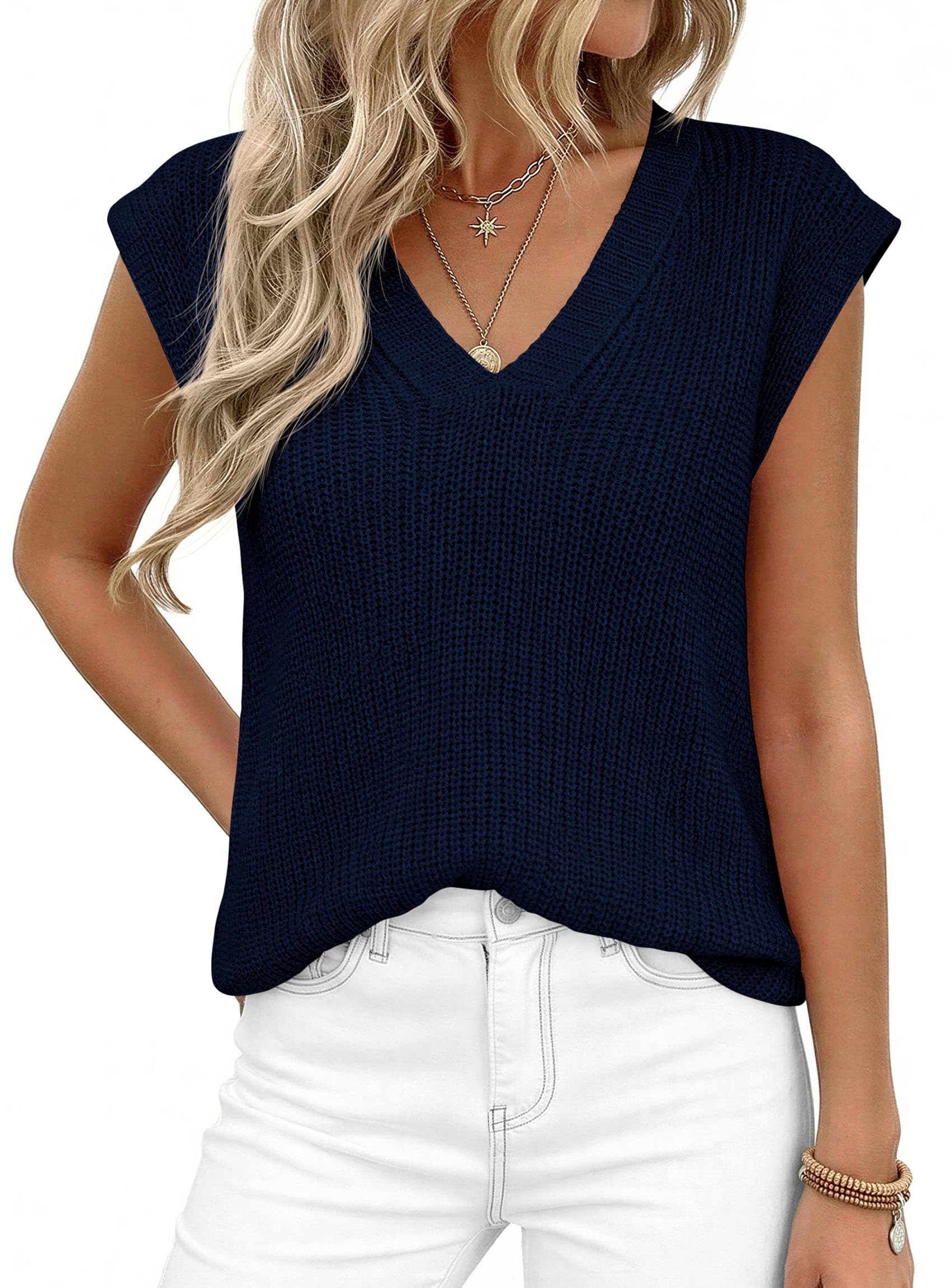 Women's Cap Sleeve Sweaters Vest Summer Tops (Navy Blue,S)