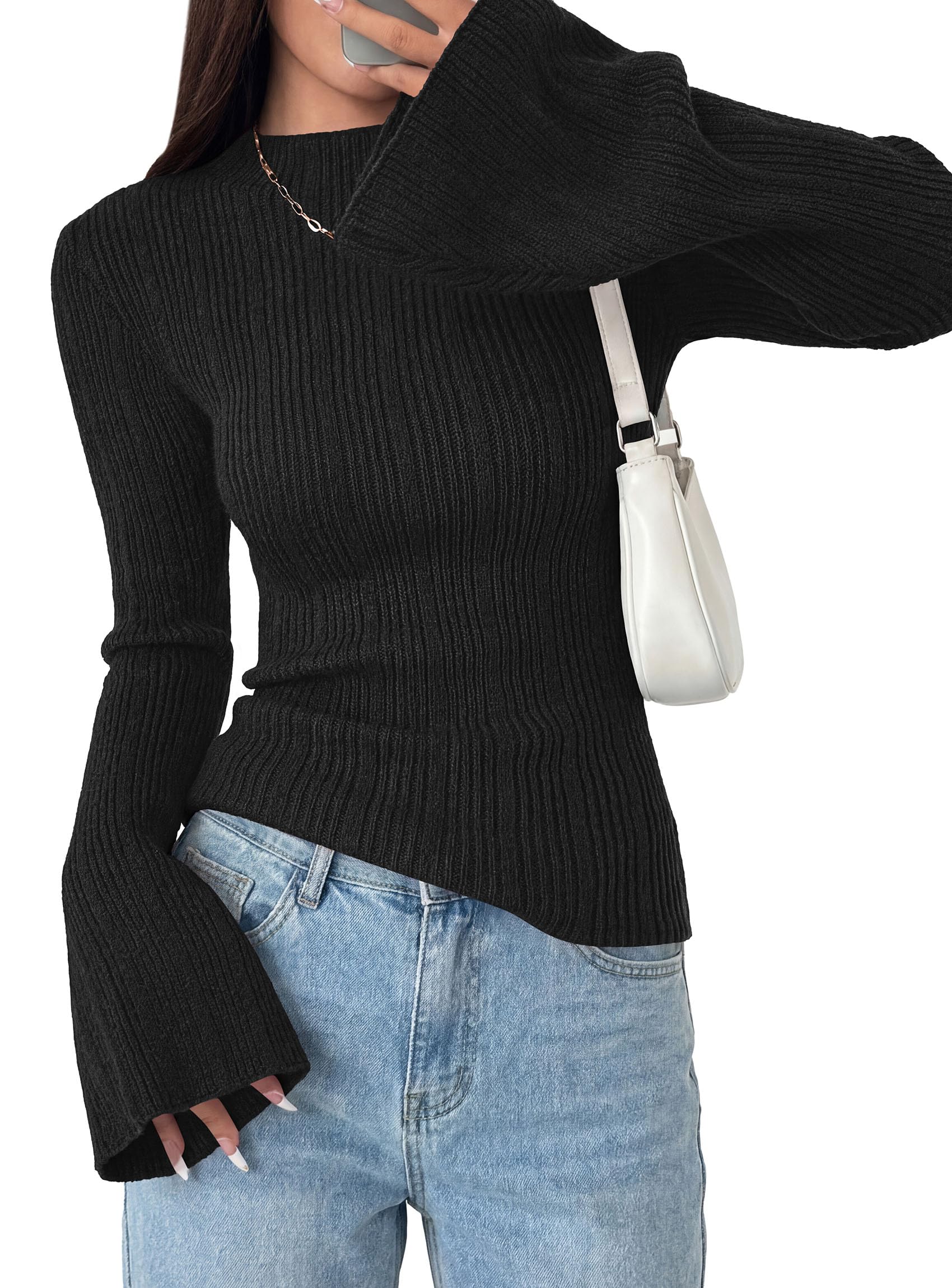 Womens Bell Long Sleeve Tops Mock Neck Sweaters,Black,S