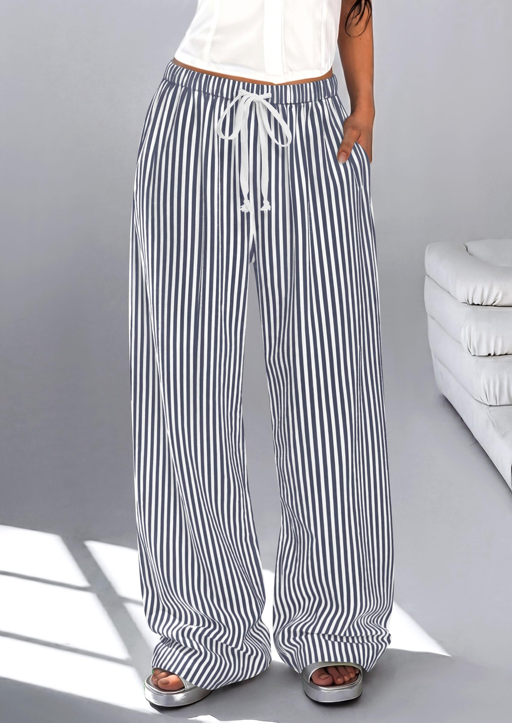 Women's Striped Wide Leg Pants 2026 Casual Palazzo with Pocket