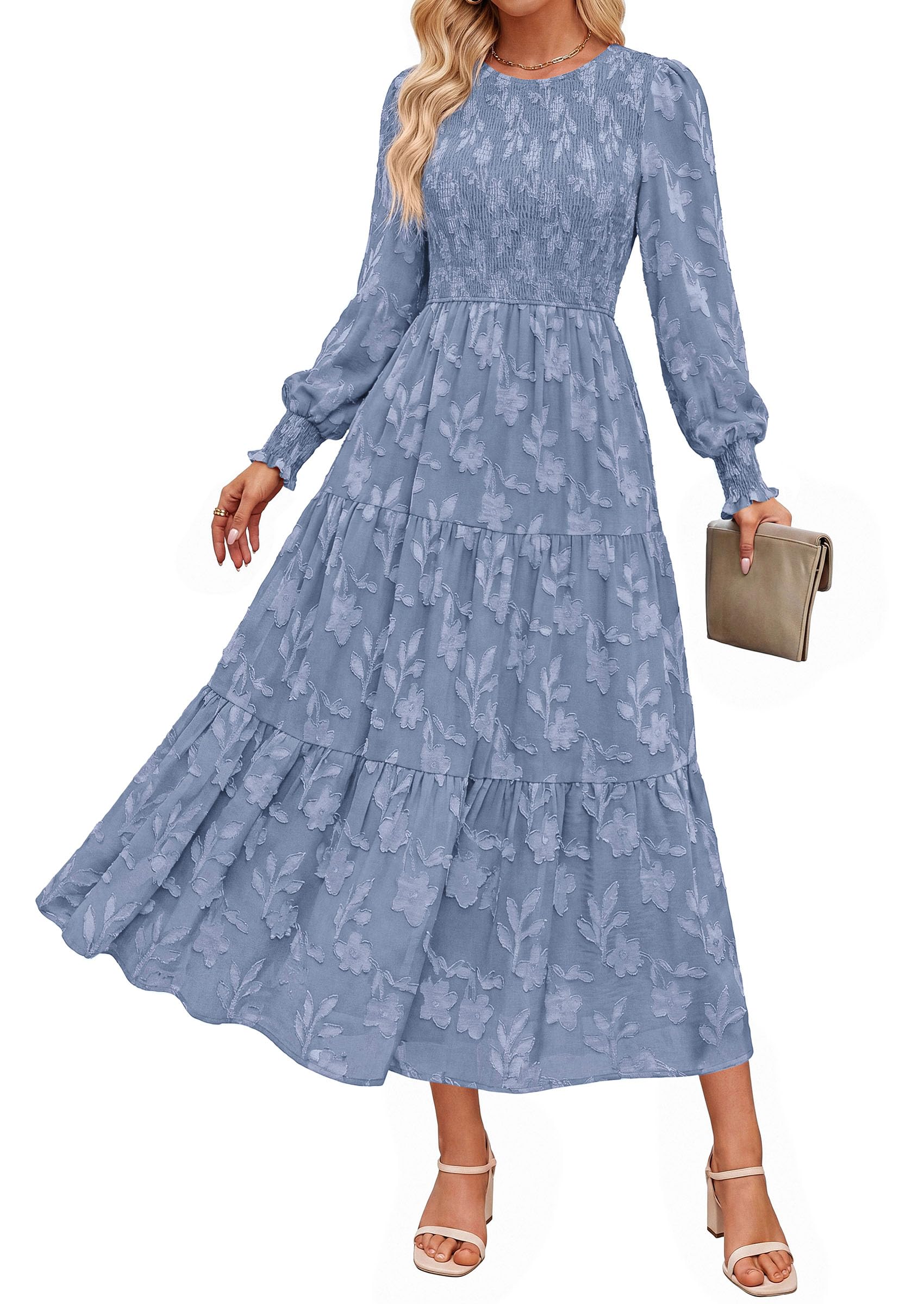 Fall Floral Long Sleeve Wedding Guest Dress for Women Pockets