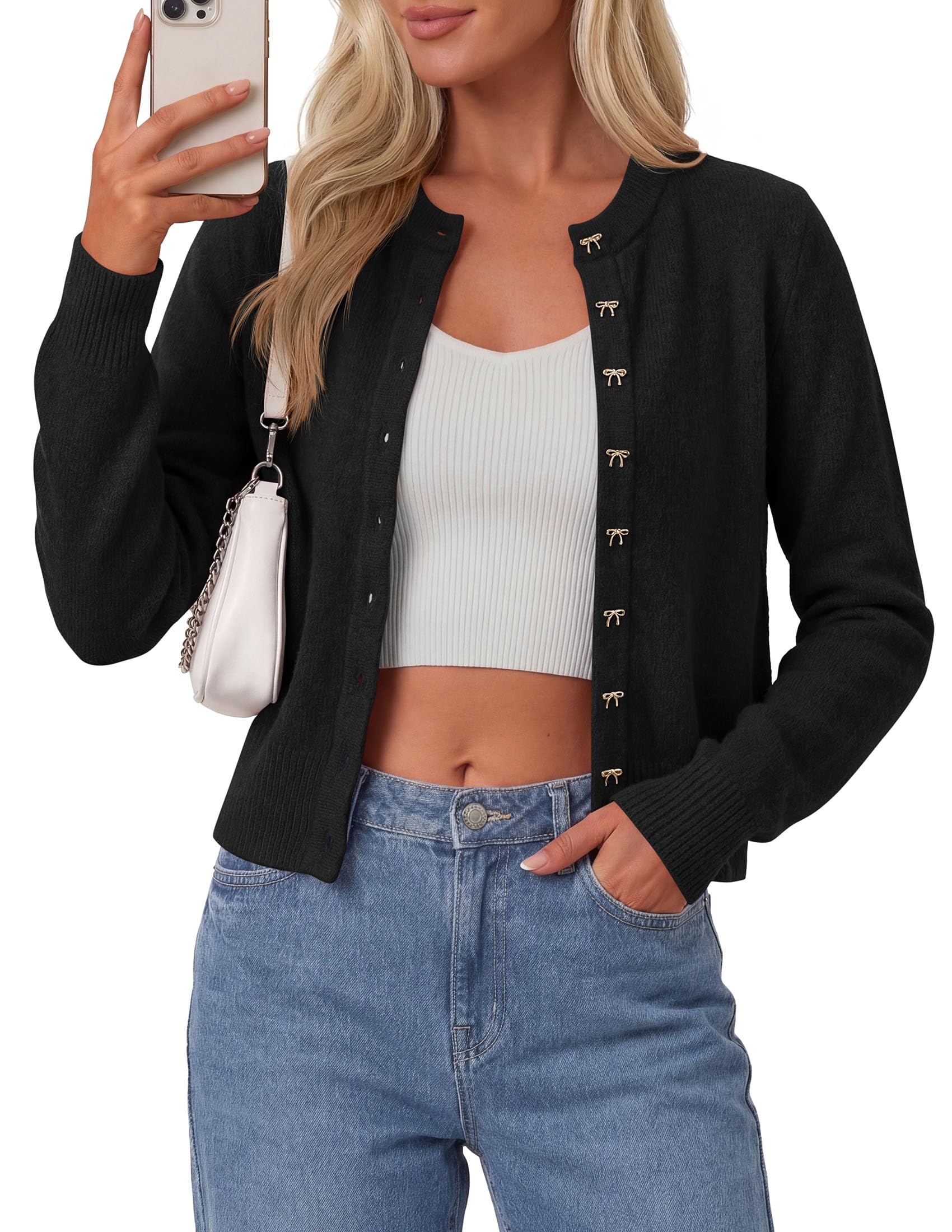 Cardigan Sweaters for Women Cropped Bow Button Up Cardigan