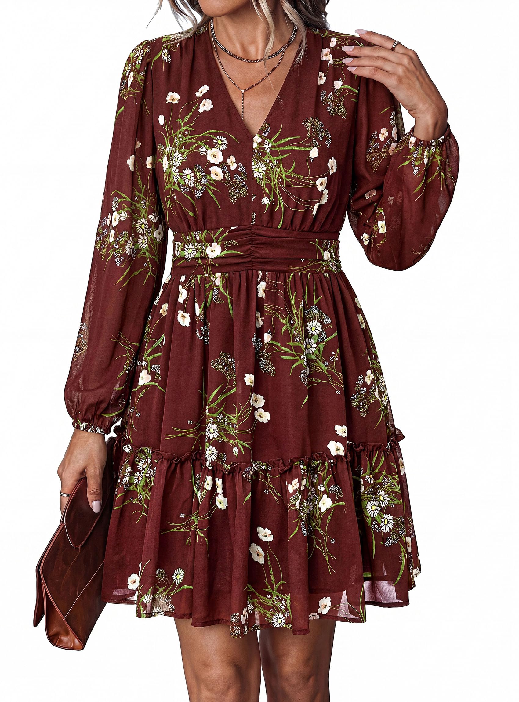 Women Floral Long Sleeve Mini Dress Fall Wedding Guest Dresses