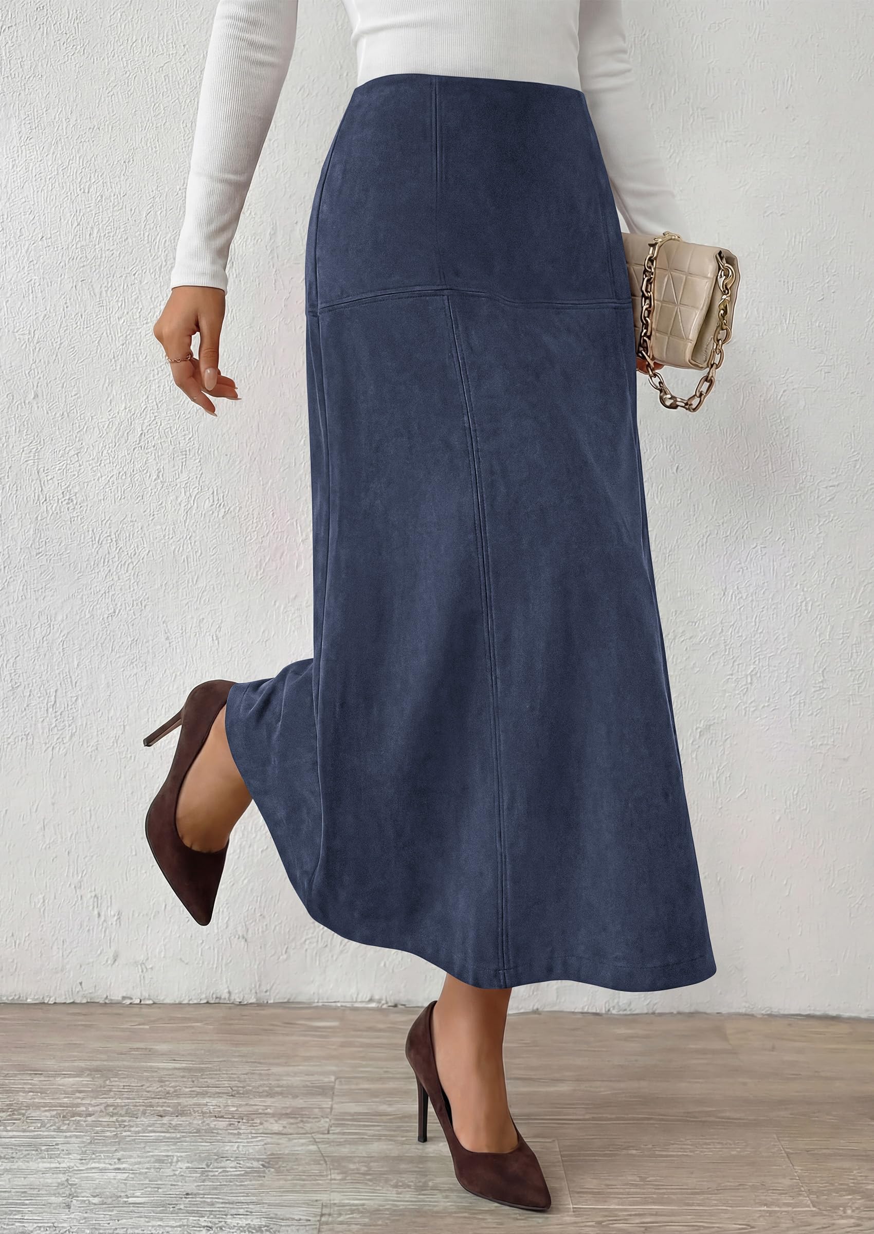 Womens High Waist Faux Suede A Line Midi Skirt,Navy,S