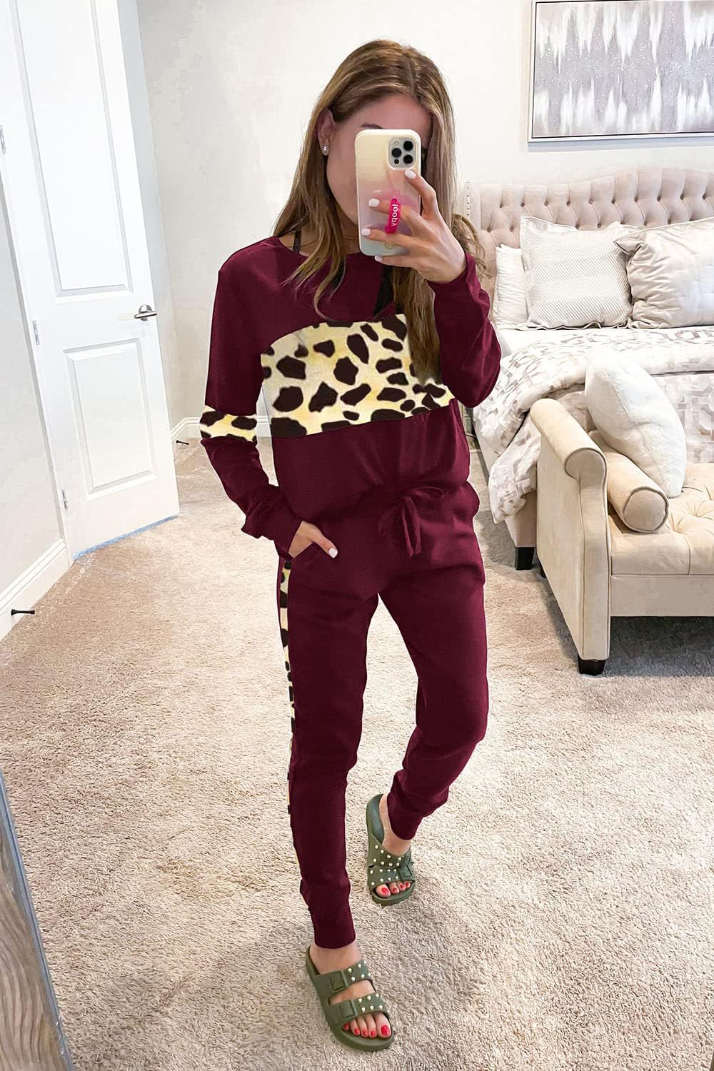 Women Color Block 2 Piece Sets Tracksuit,Leopard Wine Red,S