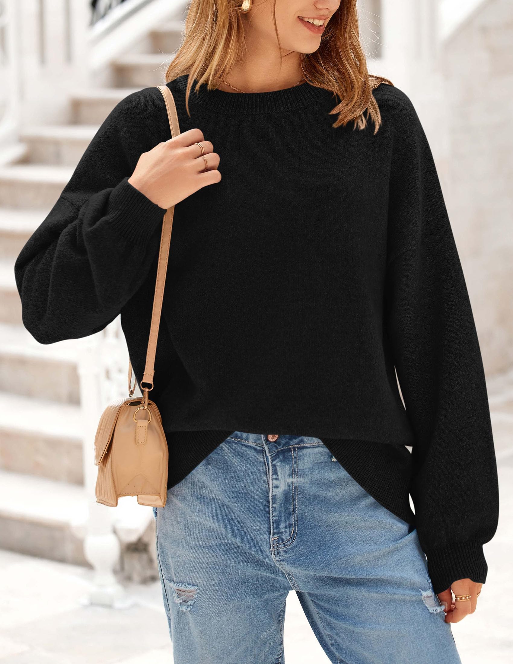 Women's Fall Sweaters Crewneck Long Sleeve Tops,Black,S