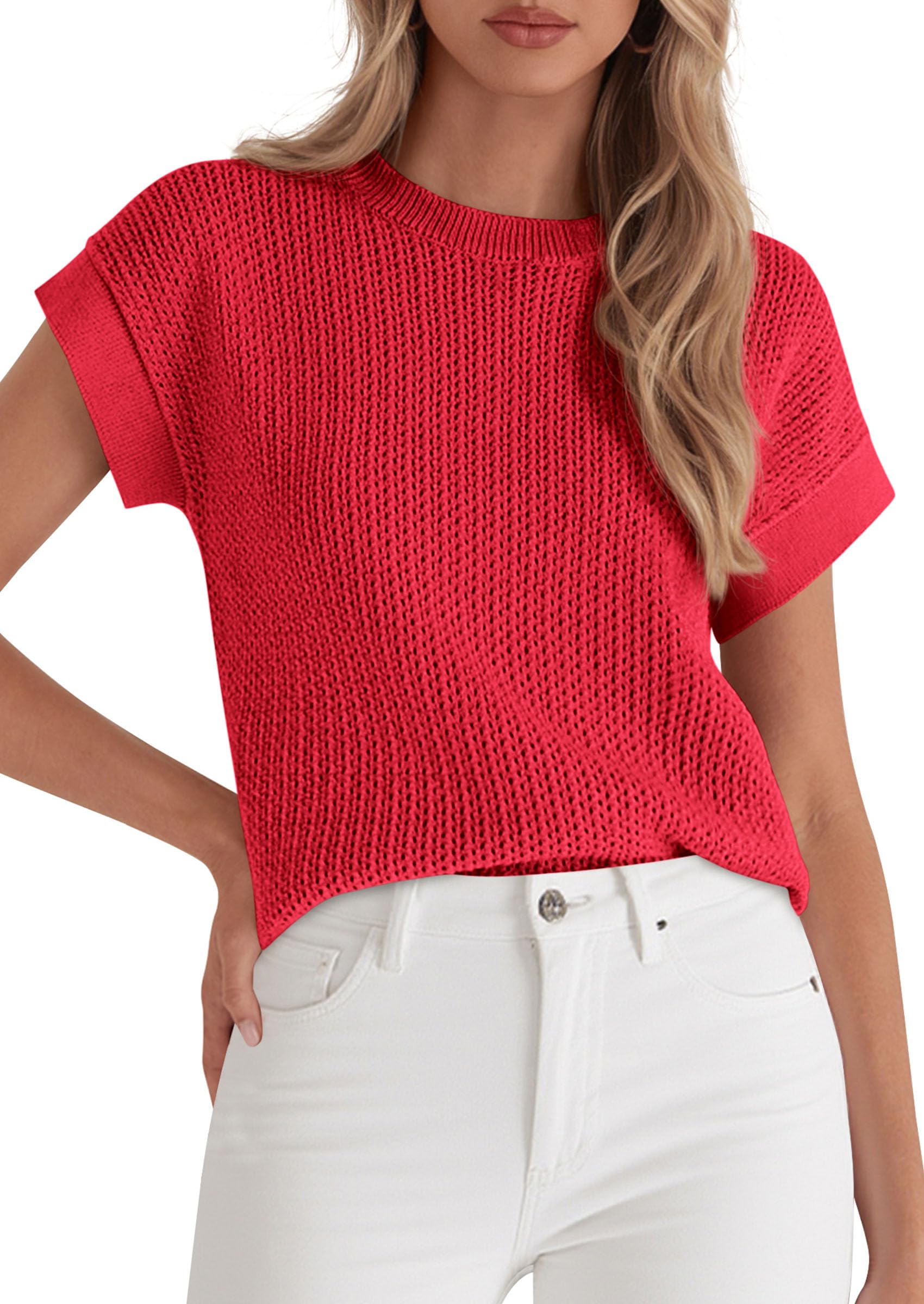 Women's Summer Sweater Vest Crochet Tops (Red,S)