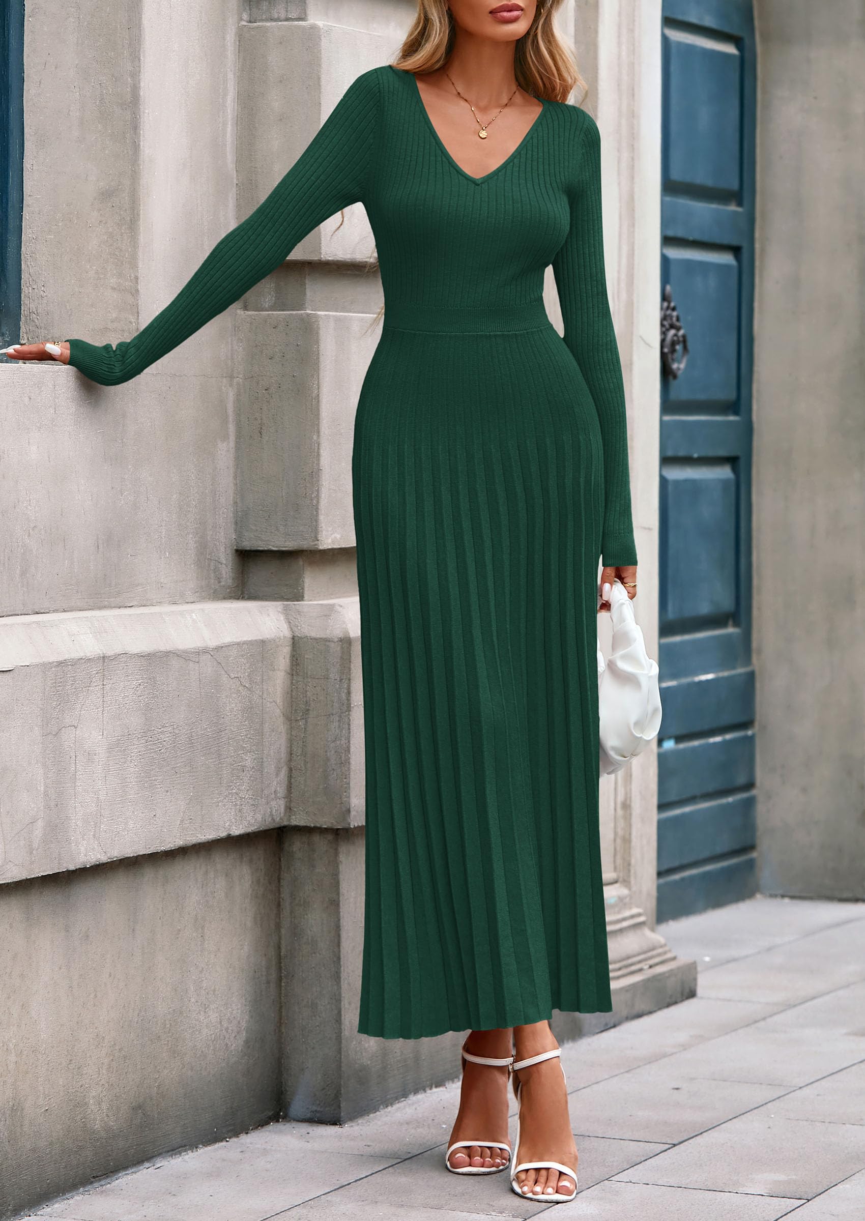 Sweater Dress Women Long Sleeve Maxi Flowy Pleated Dresses