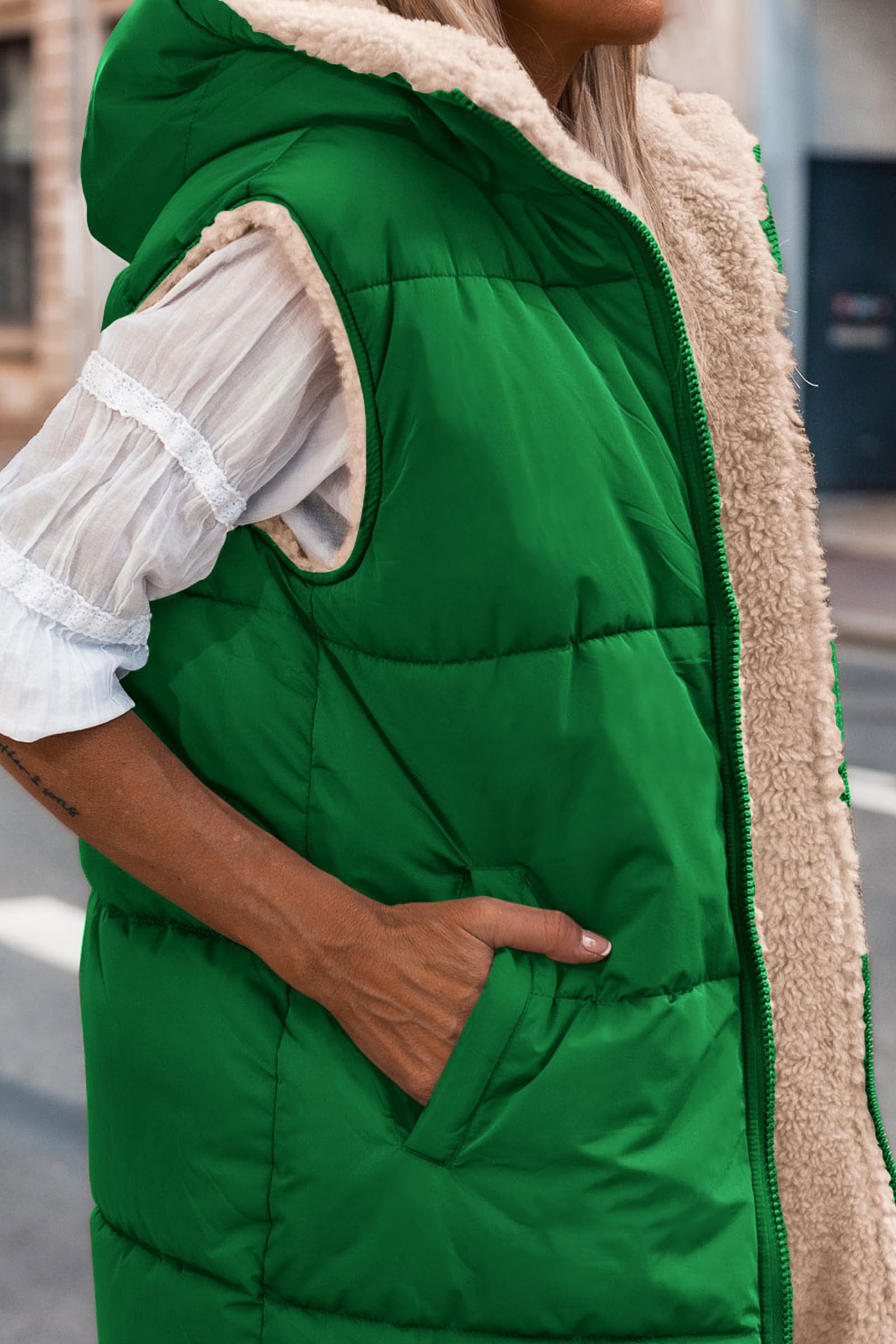 Women's Winter Reversible Fleece Long Vests(Green,S)
