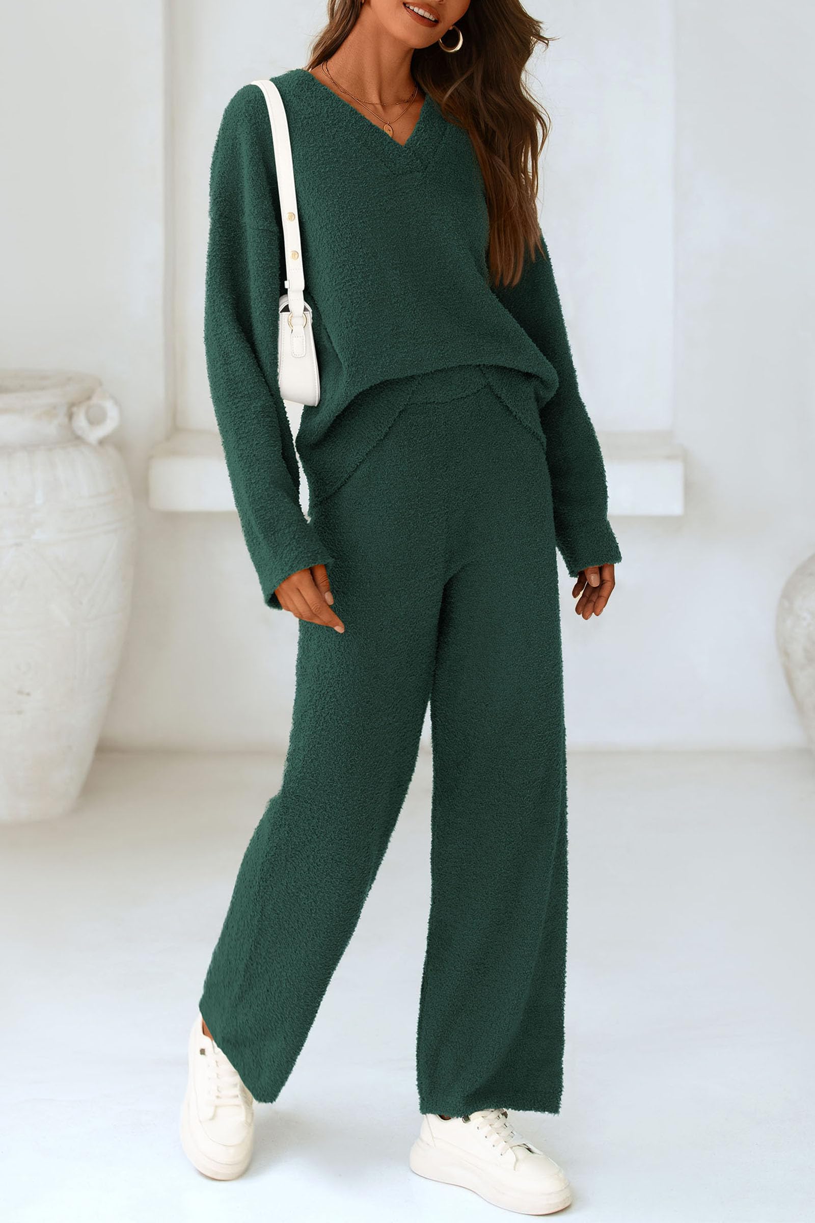 Lounge Sets for Women Fall 2 Piece Fuzzy Sweater Pajama Set