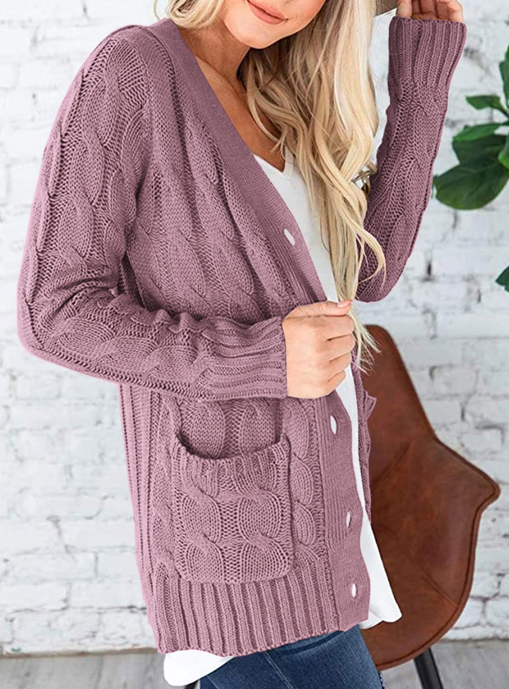 Women's Cable Knit Cardigan Sweaters Fall, Purple,S