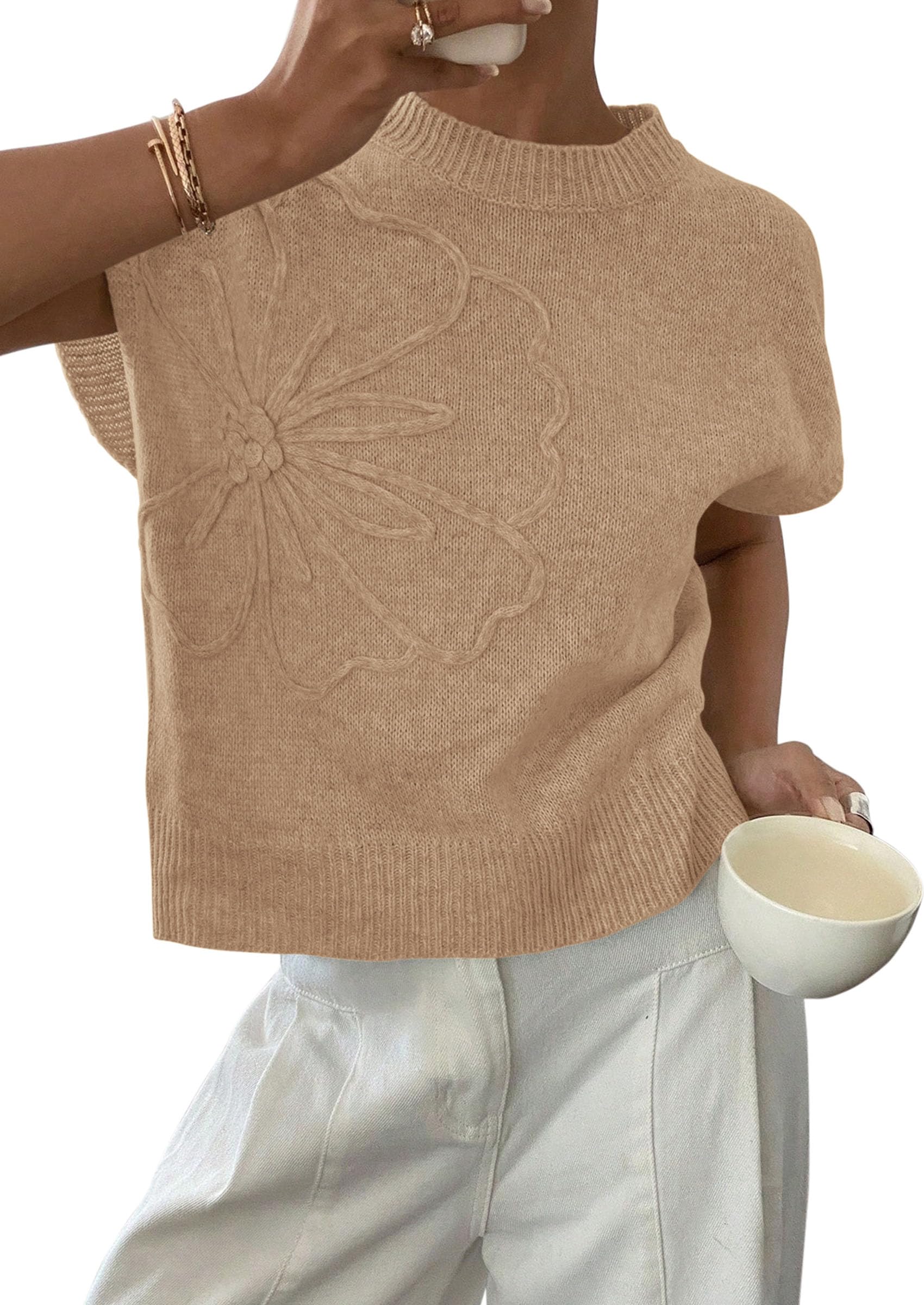 Women's Summer Short Cap Sleeve Sweater Vest (Khaki,S)