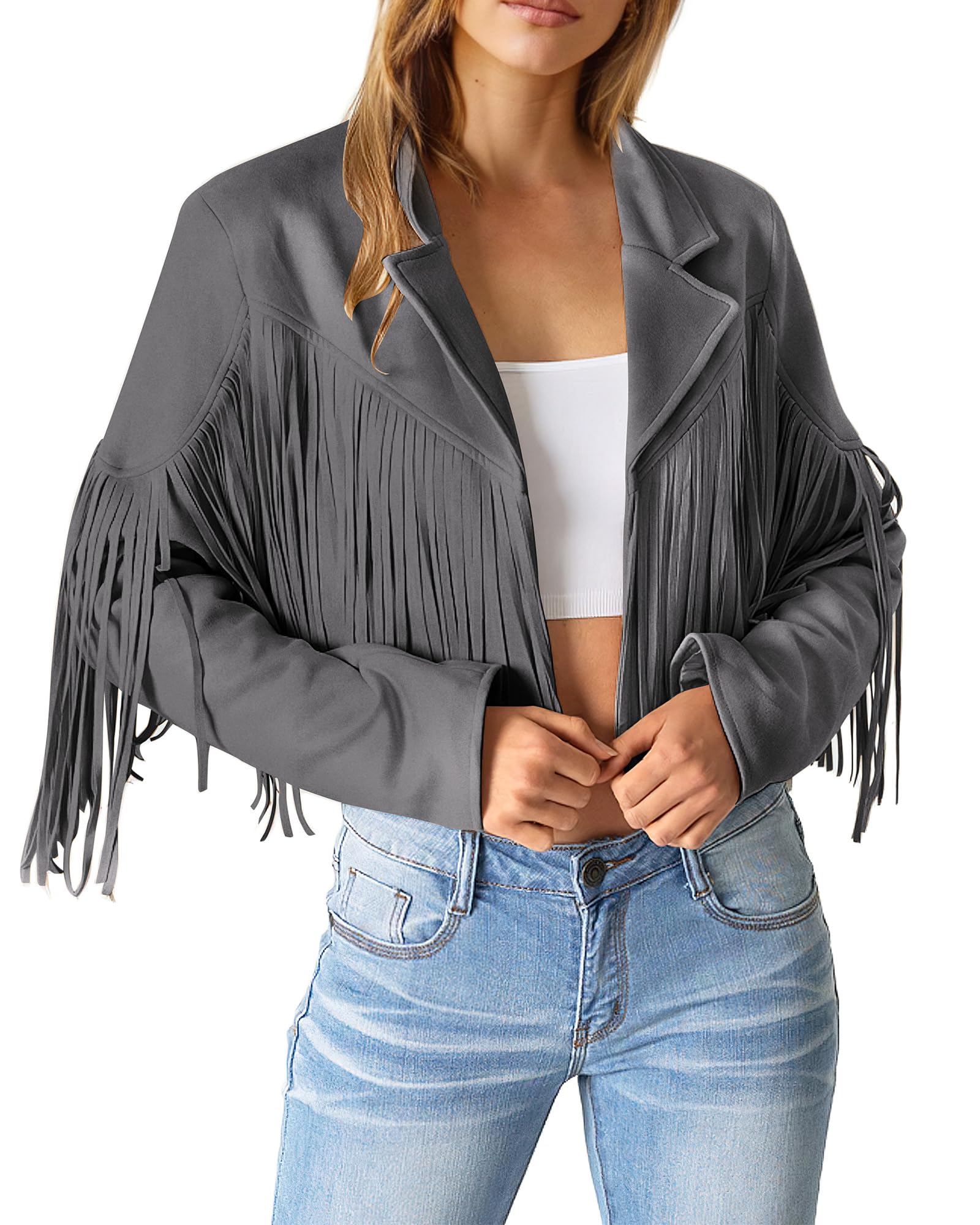 Women's Fringe Faux Suede Leather Jackets,Silver Grey,S