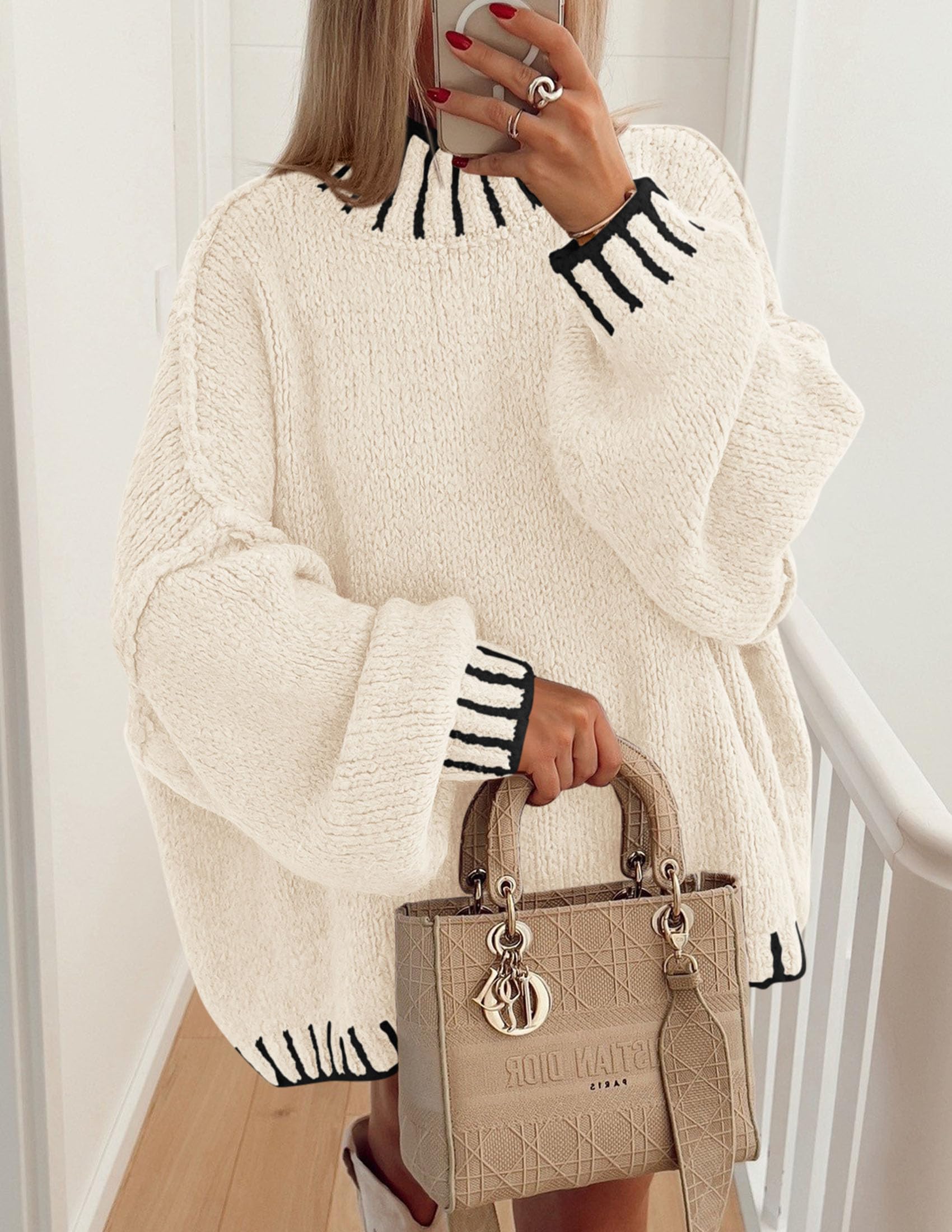 Women's Mock Neck Oversized Pullover Sweaters,White,M