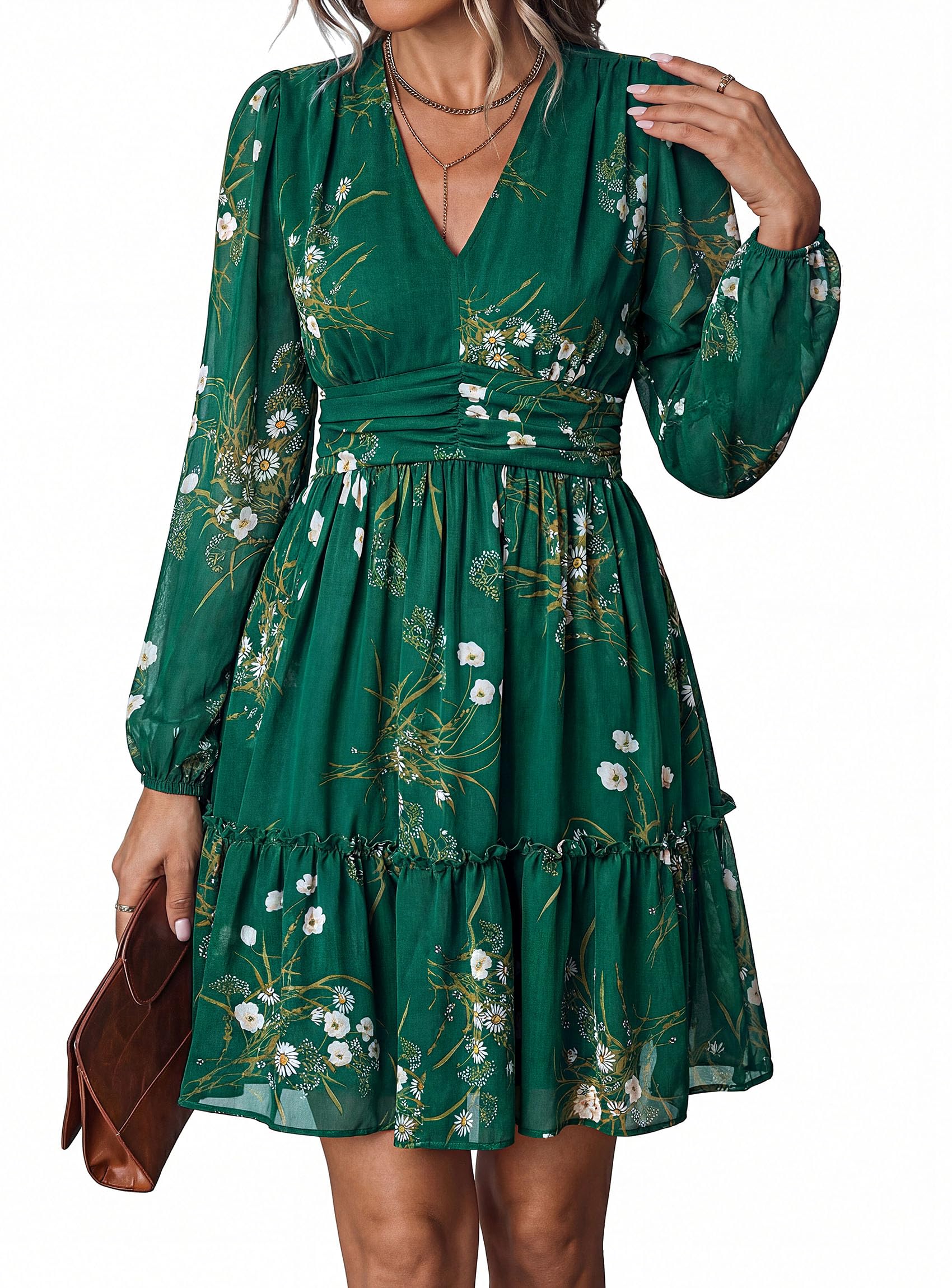 Women Floral Long Sleeve Mini Dress Fall Wedding Guest Dresses