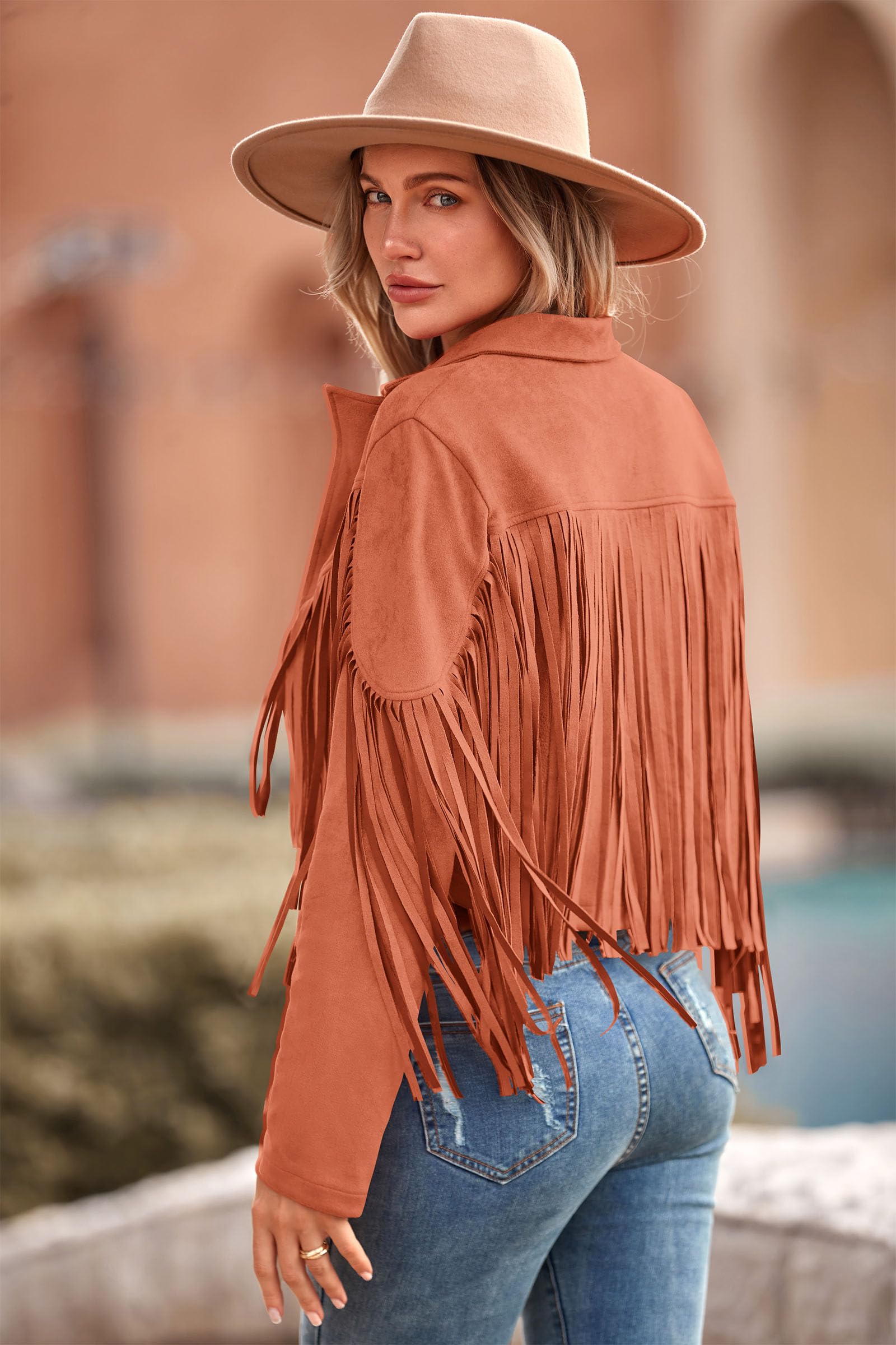 Women's Fringe Faux Suede Leather Jackets,Orange,XL