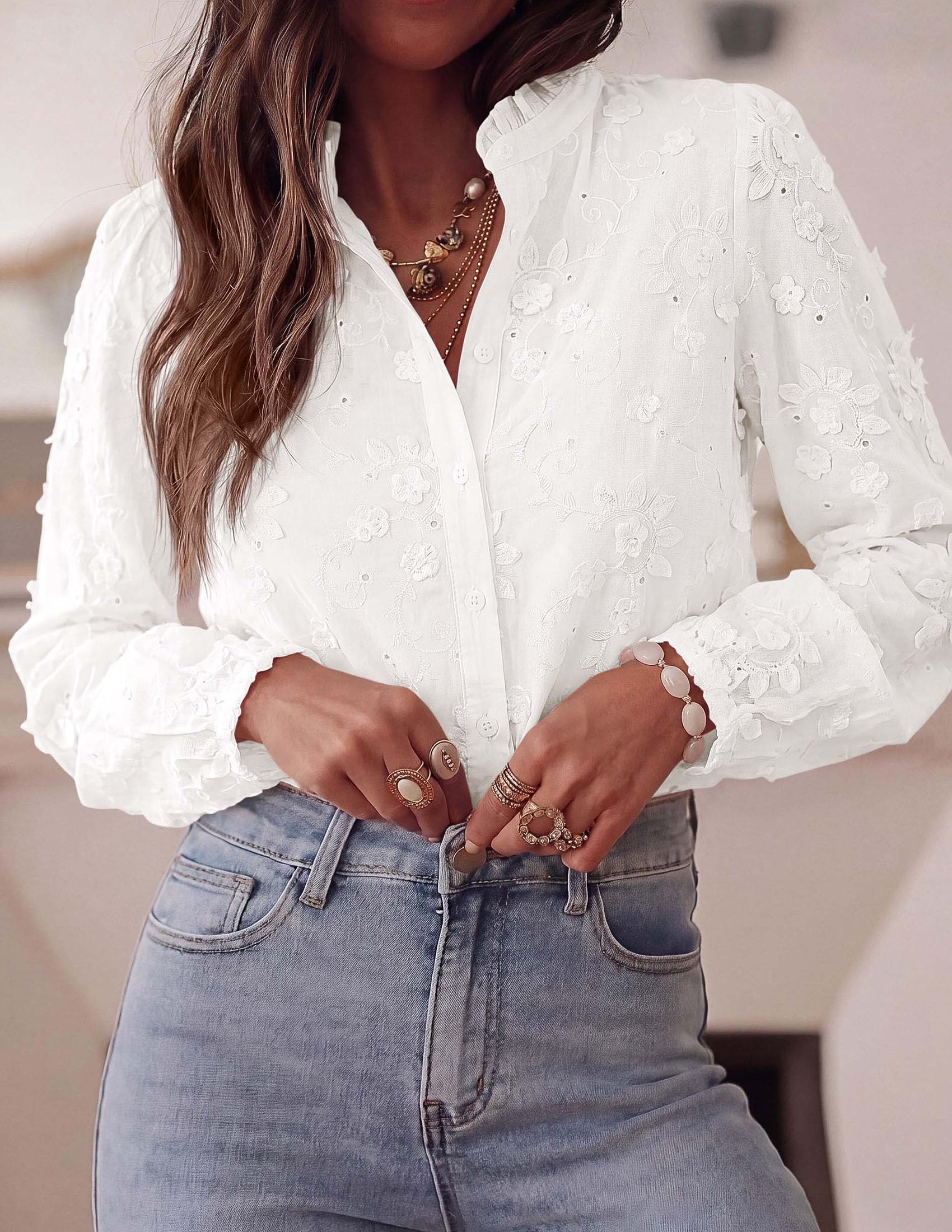 Women's Floral Embroidered Button Down Shirts Work Blouses