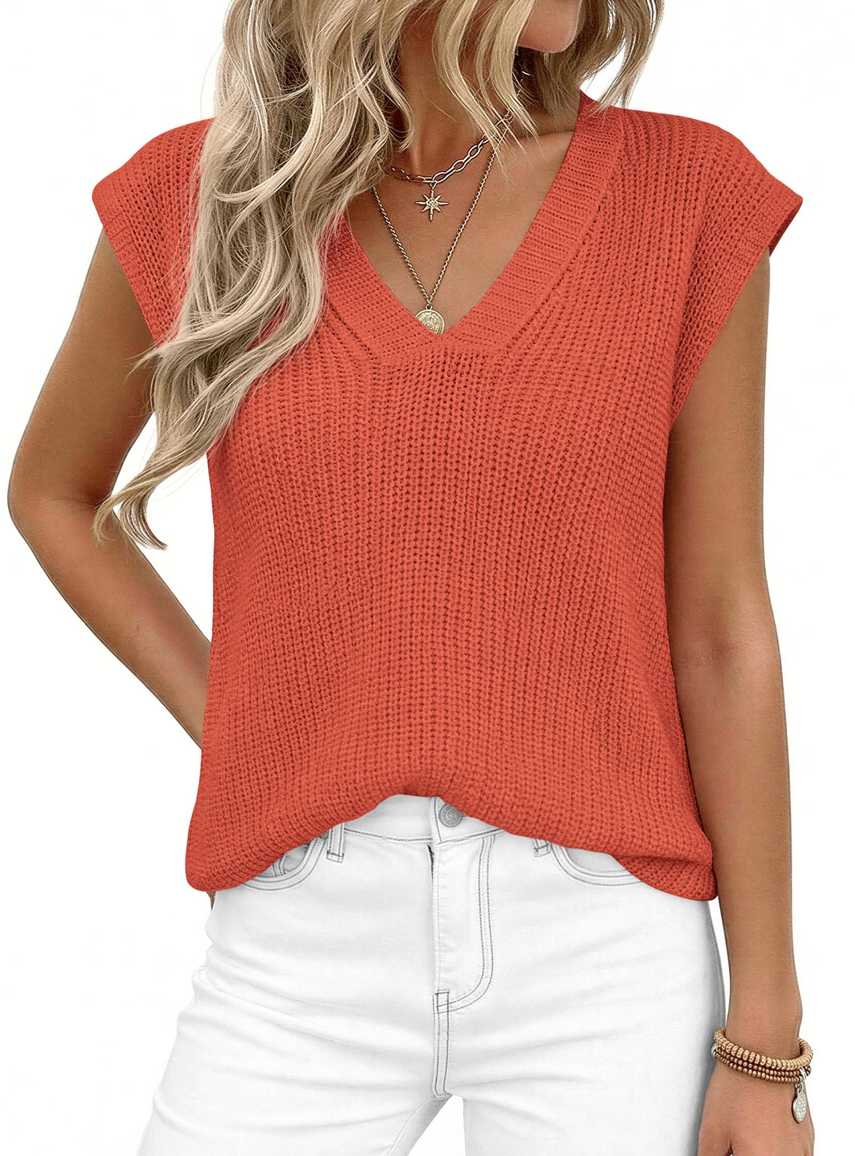 Women's Cap Sleeve Sweaters Vest Summer Tops (Orange,S)