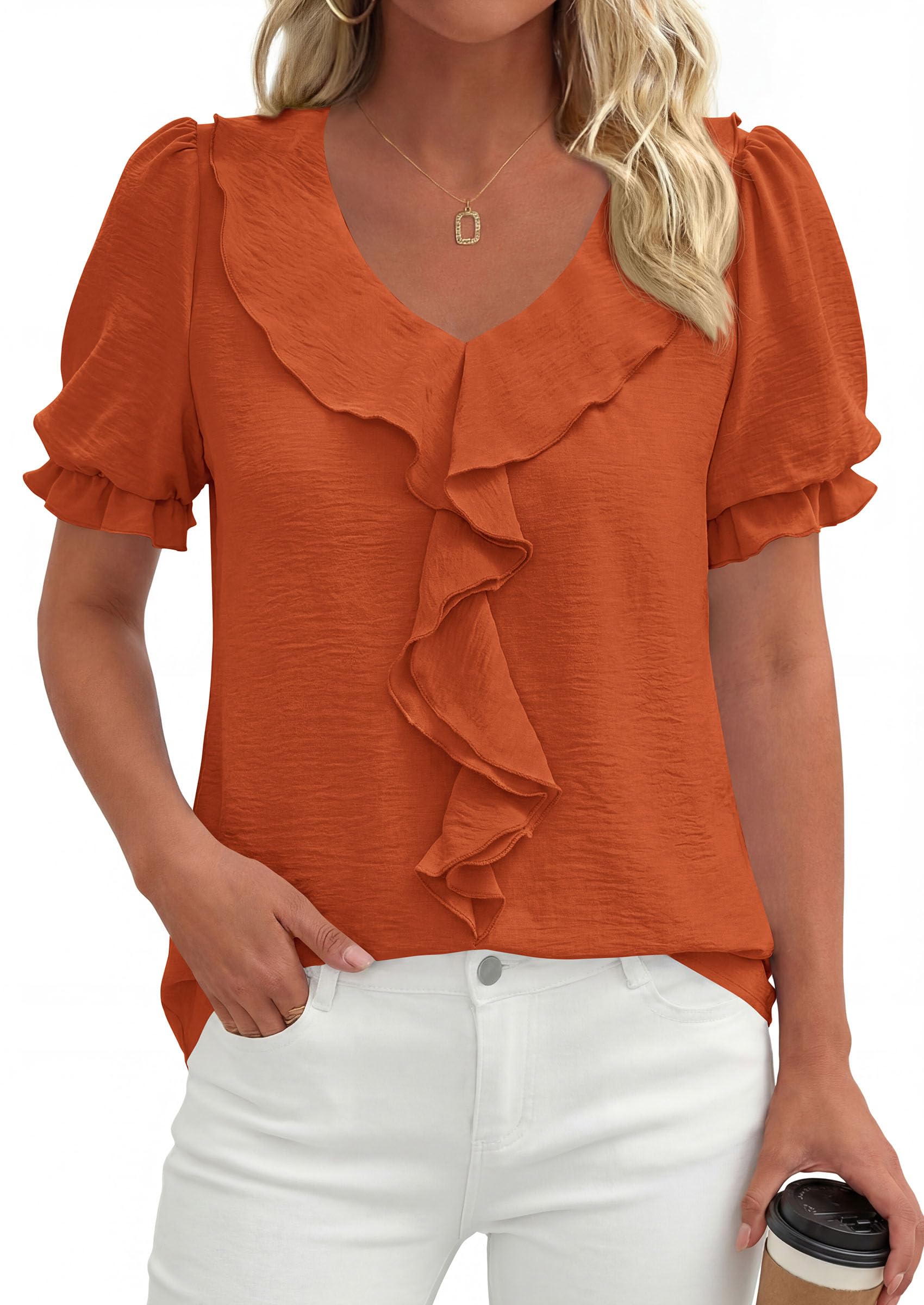 Women's Summer Ruffle Dressy Casual Blouses (Brown Orange,S)