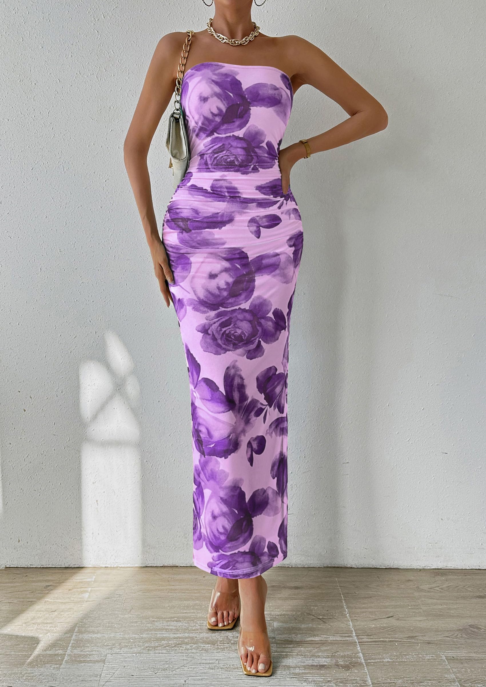 Women's Strapless Bodycon Floral Maxi Dress, Purple Flower,S