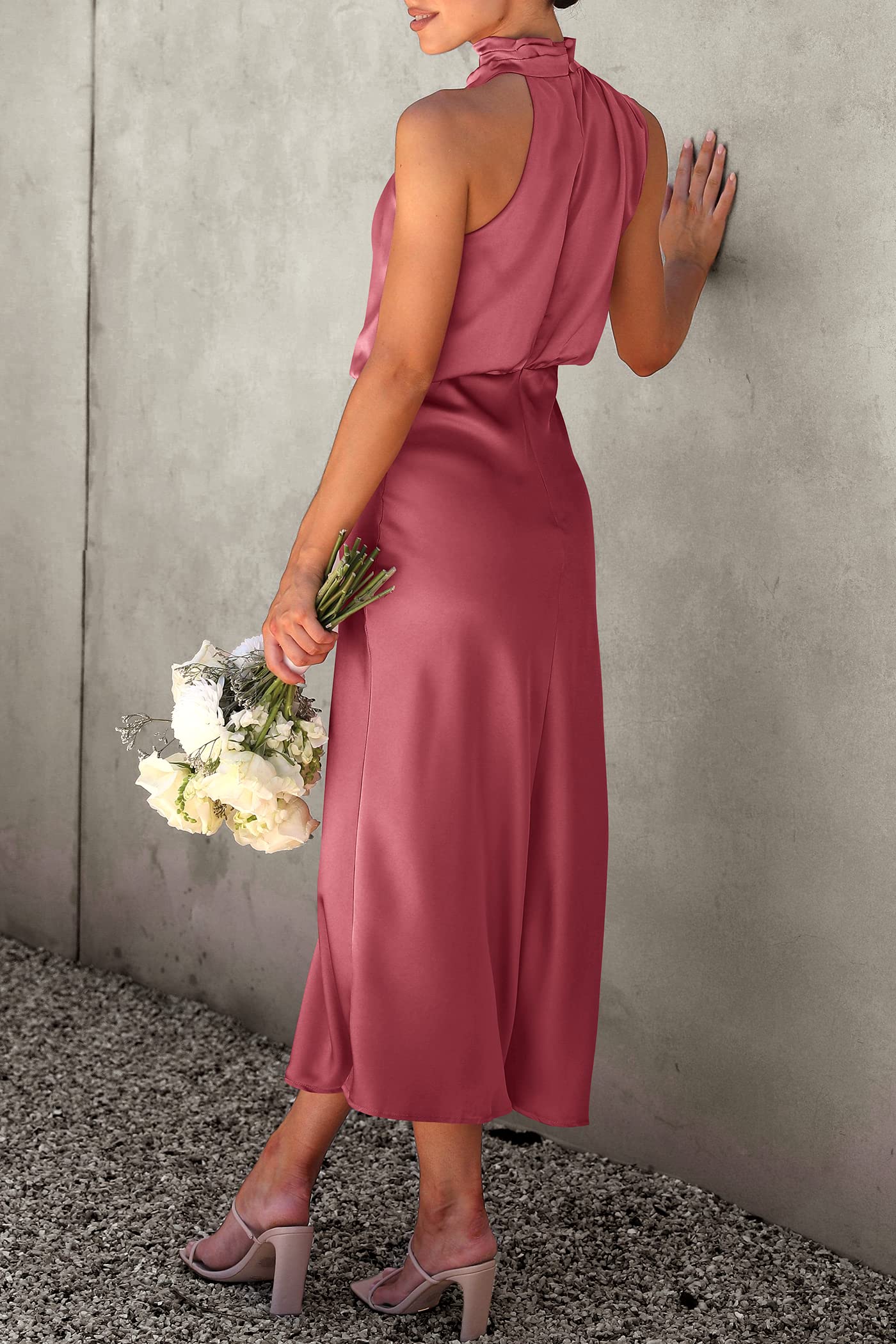 Women's Summer Satin Maxi Cocktail Dress Brick Red