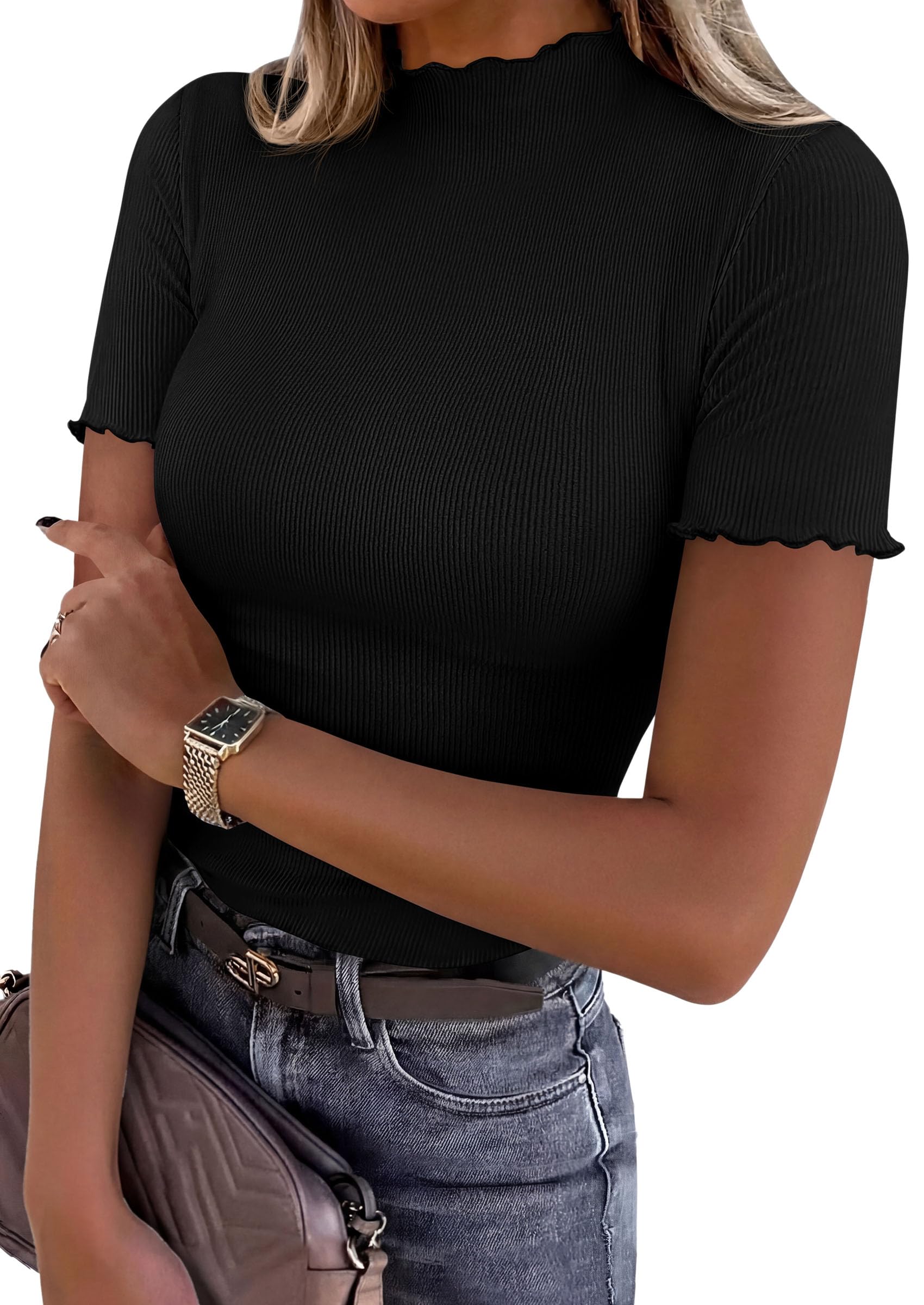 Women's Short Sleeve Ribbed Knit T Shirts, Black,XS