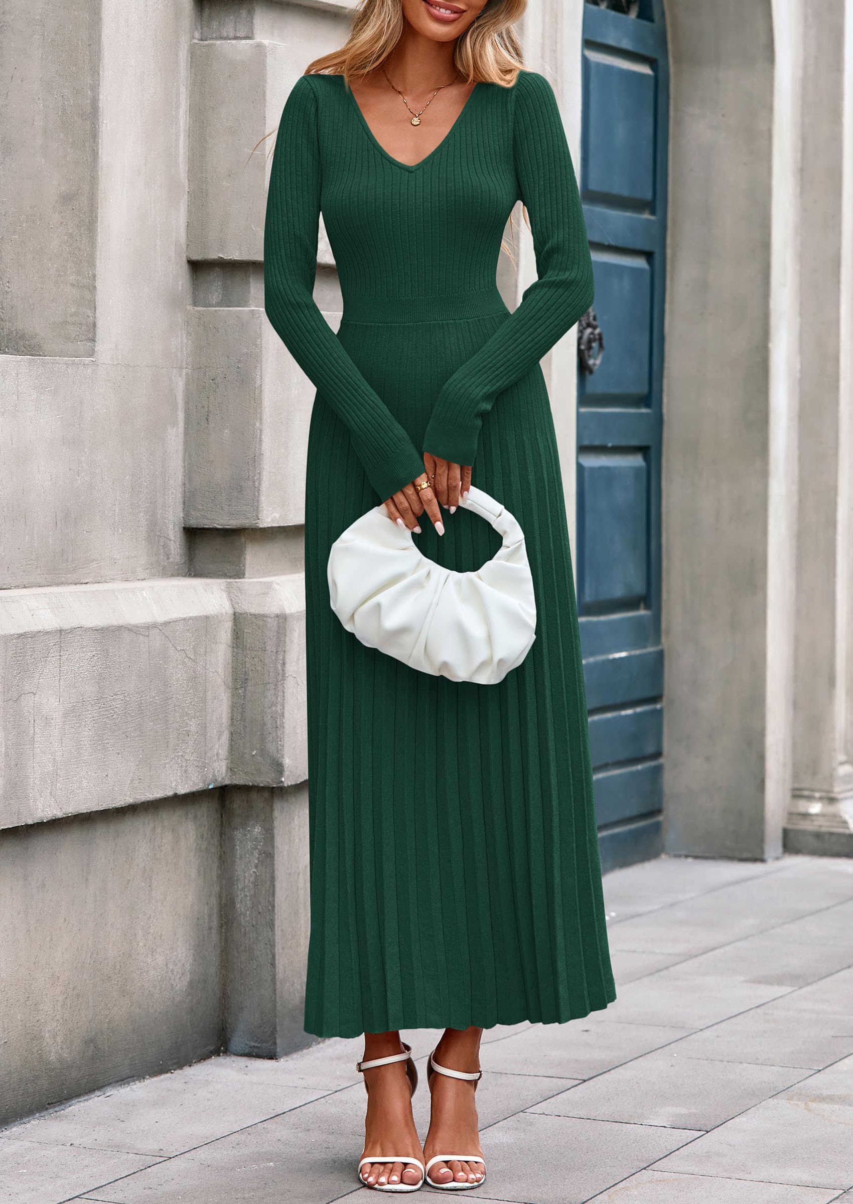 Sweater Dress Women Long Sleeve Maxi Flowy Pleated Dresses