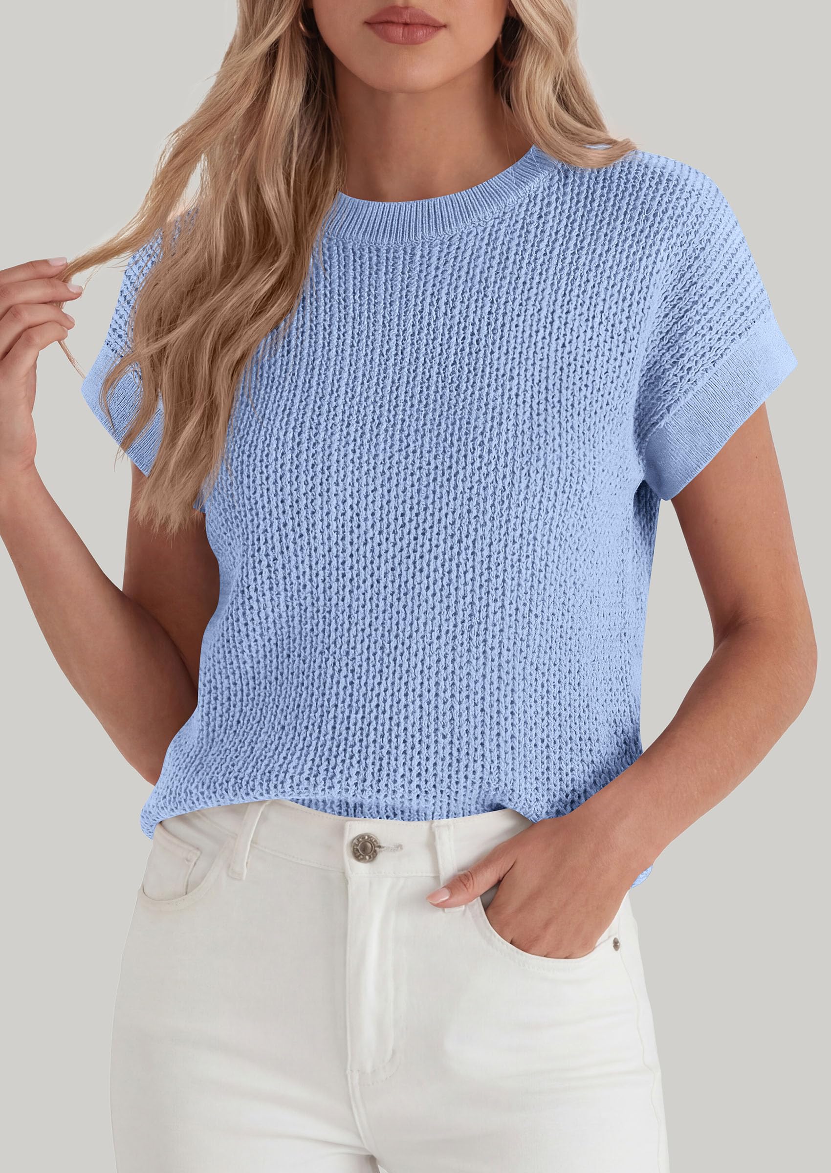 Women's Summer Sweater Vest Crochet Tops (Light Blue,S)