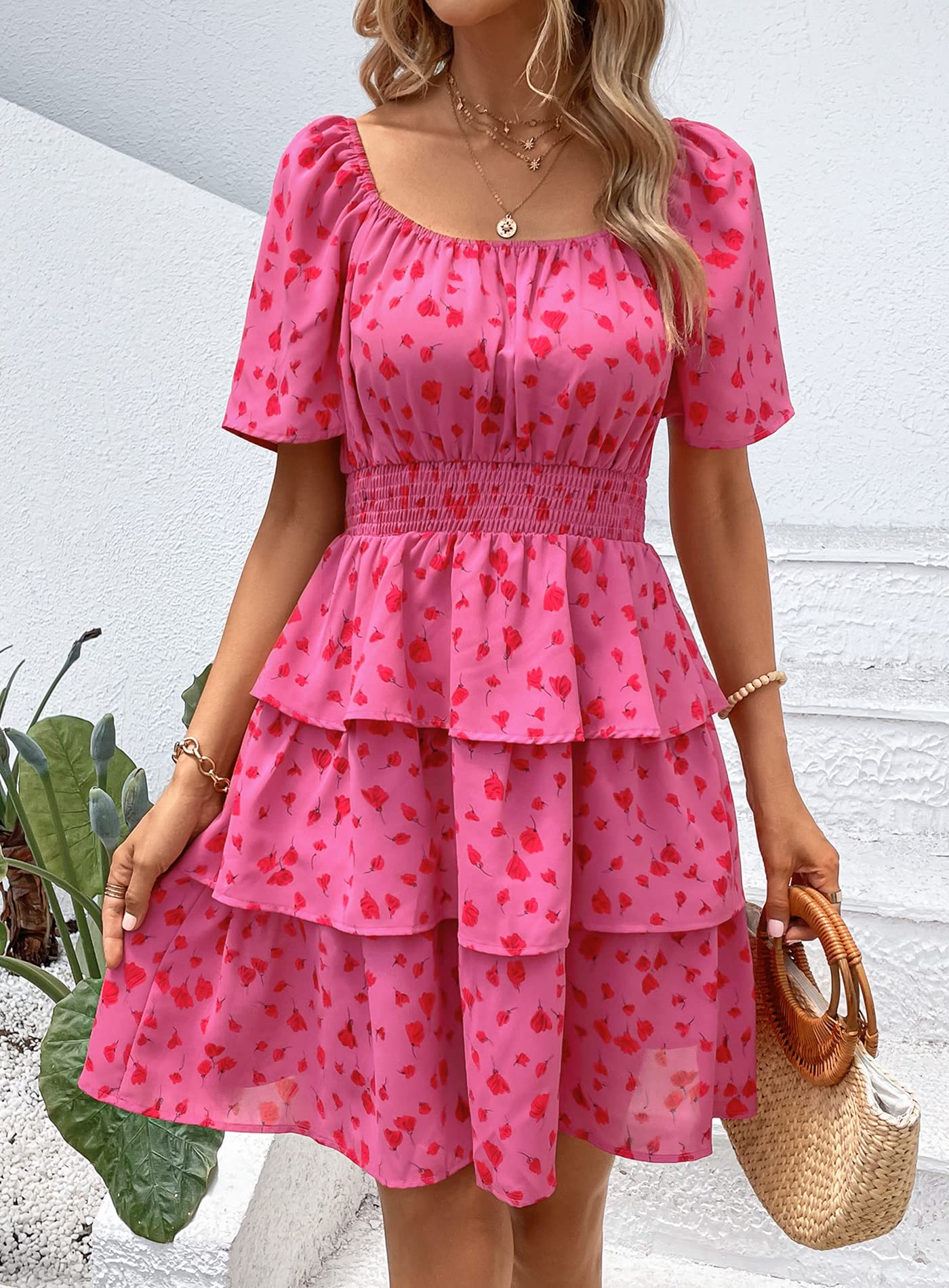 Women's Summer Floral Ruffle Short Dress Red Floral,S