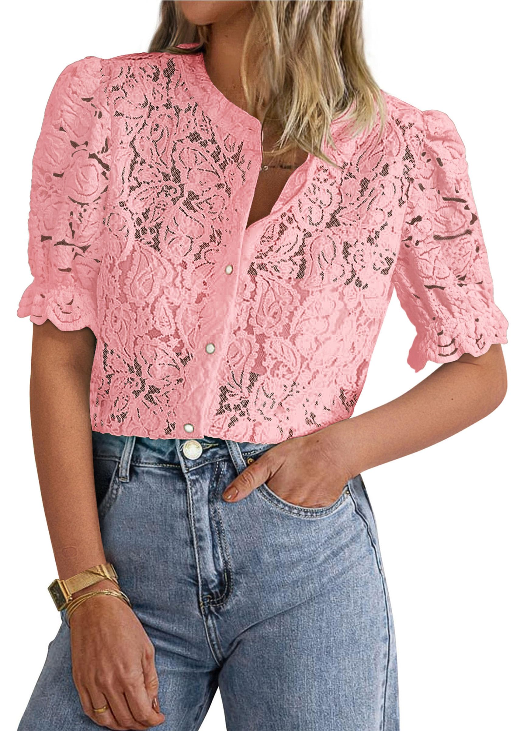 Womens Lace Tops Button Down Short Sleeve Shirts,Pink,S