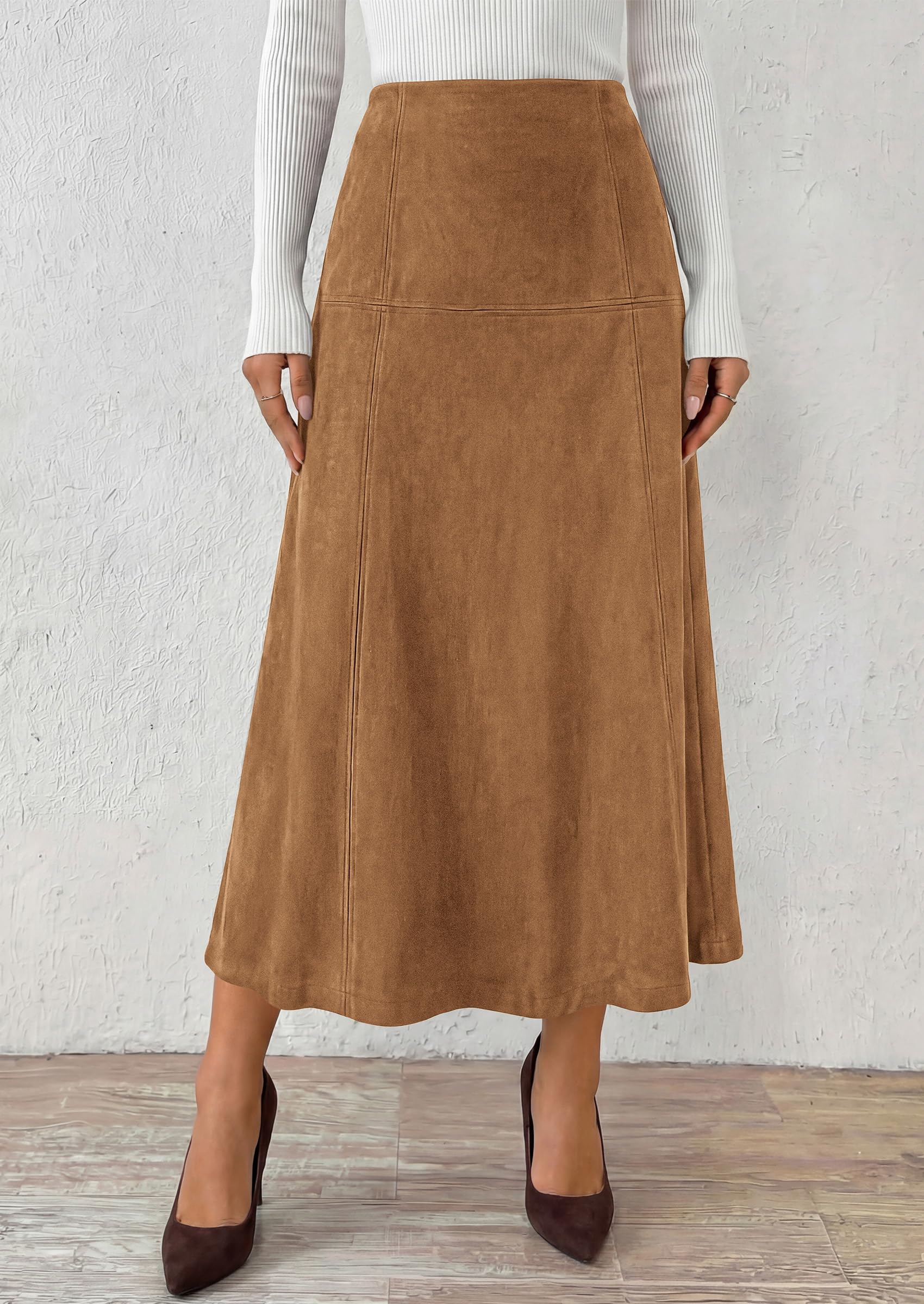 Womens High Waist Faux Suede A Line Midi Skirt,Khaki,S