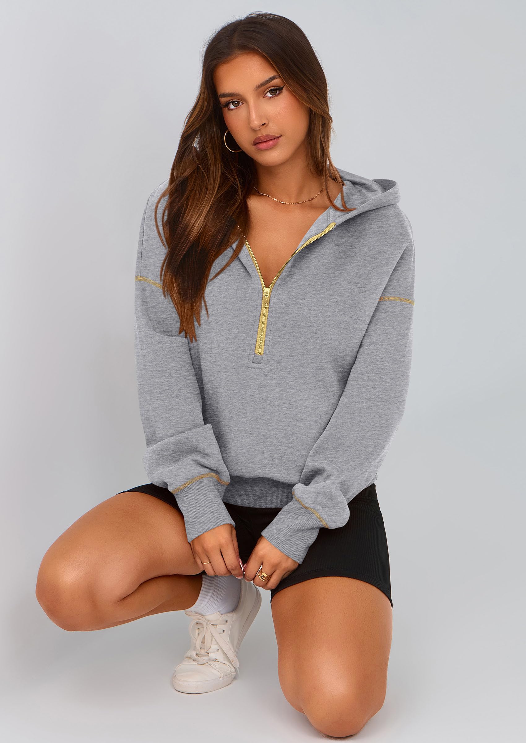 Women's Fall Half Zip Cropped Hoodie Sweatshirt Grey