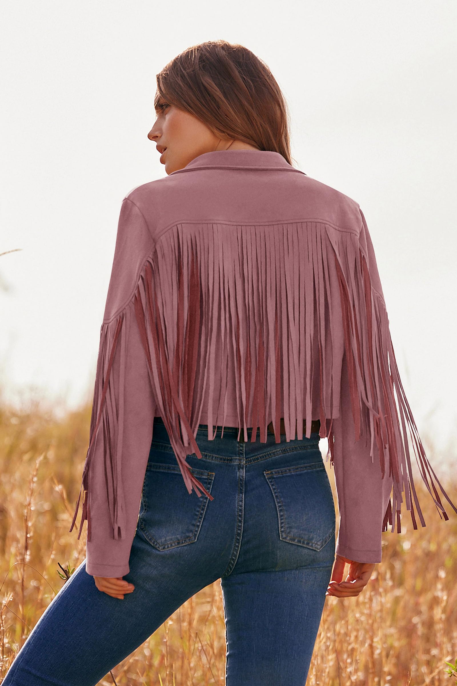Women's Fringe Faux Suede Leather Jackets Fall Fashion 2025 Tassel Motorcycle Cropped Coats (Dark Pink,Small)