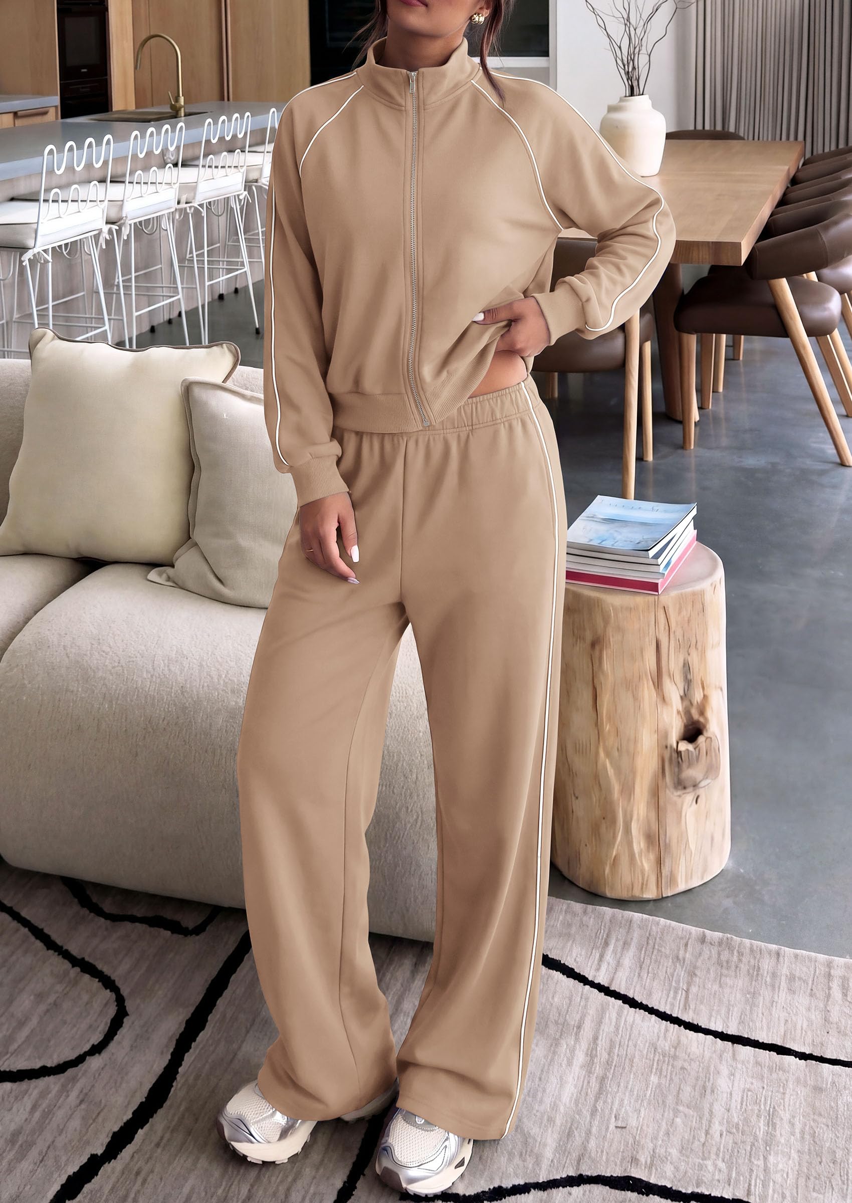 Women's 2 Piece Sweat Set Casual Fall Outfits,Khaki,S