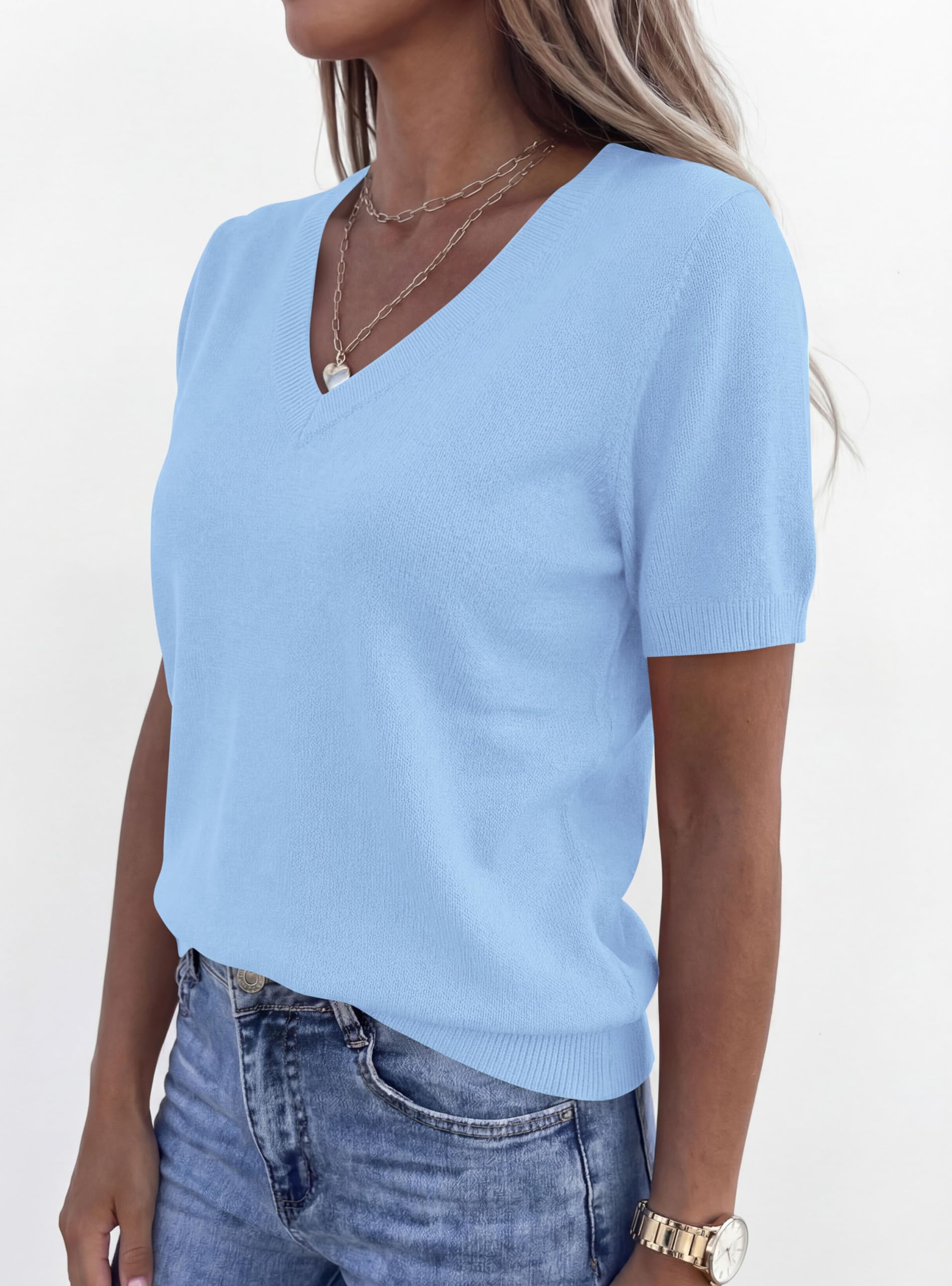 Womens Short Sleeve Sweater V Neck Tops,Light Blue,S