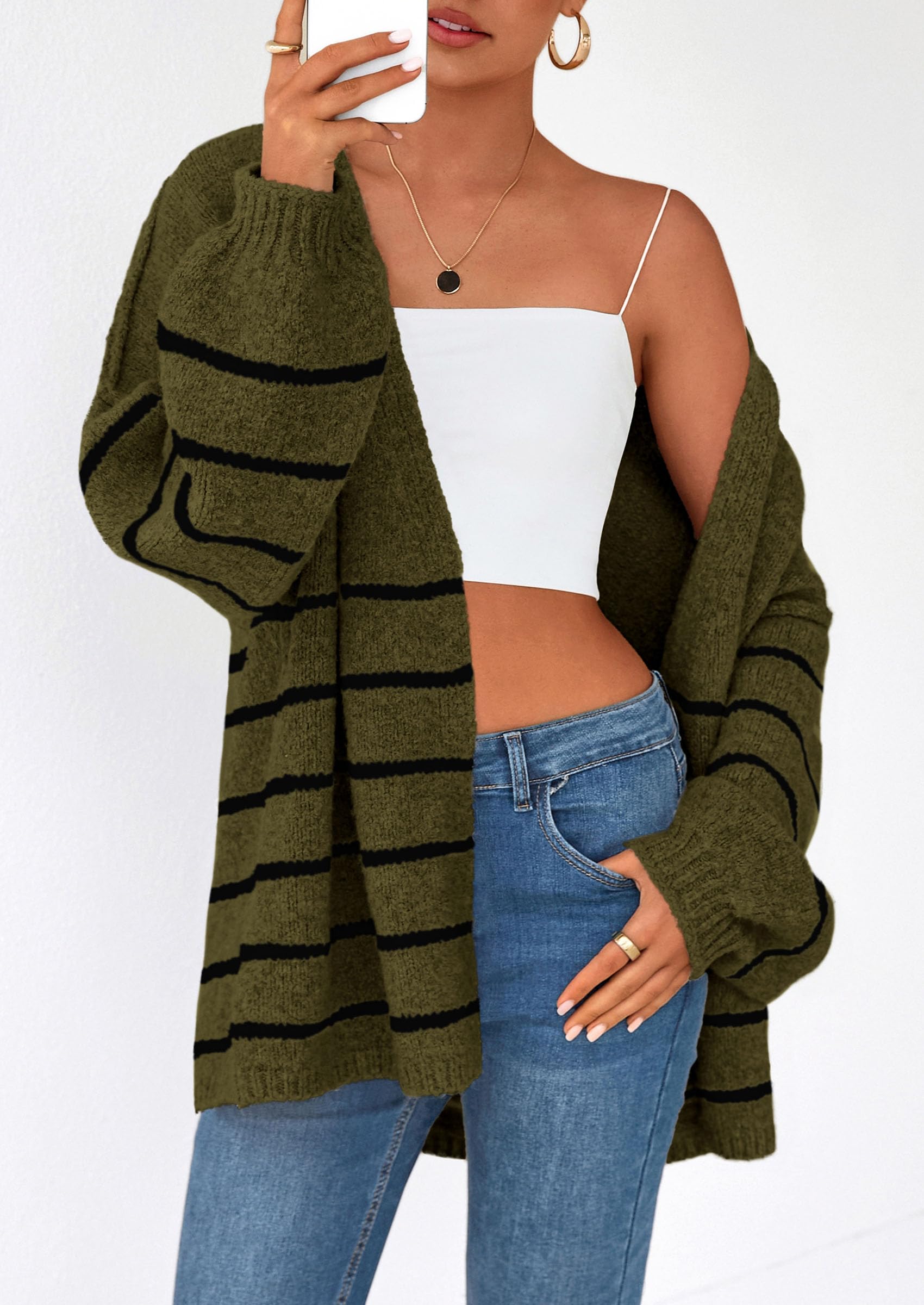 Womens Oversized Cardigan Sweaters 2026 Fall Long Lantern Sleeve Knit Open Front Lightweight Sweater (Striped Army Green,Small)