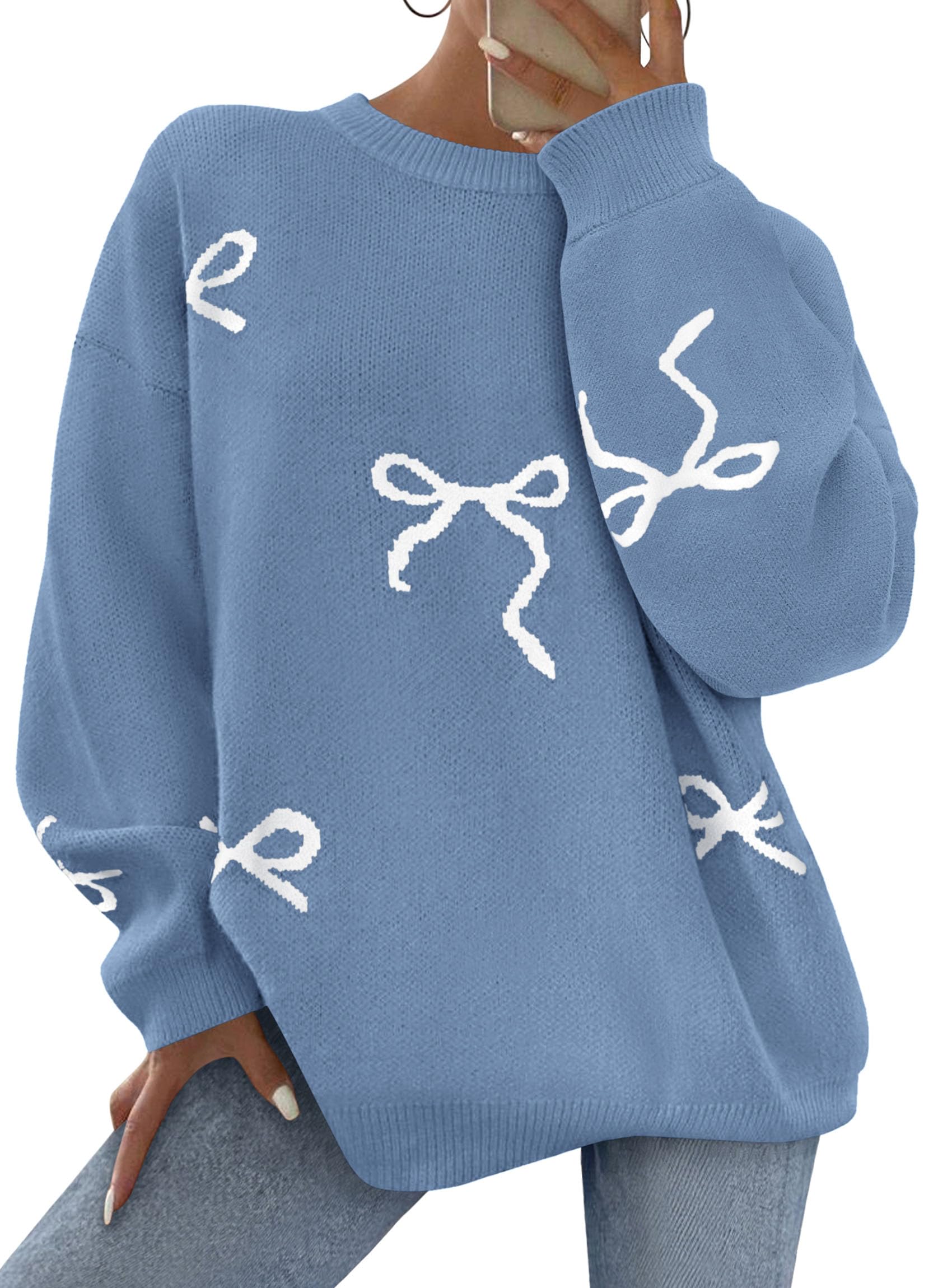 Fall Long Sleeve Pullover Sweaters for Women 2026 Trendy Crewneck Casual Cute Bow Chunky Knit Oversized Sweater (Blue Grey,Small)