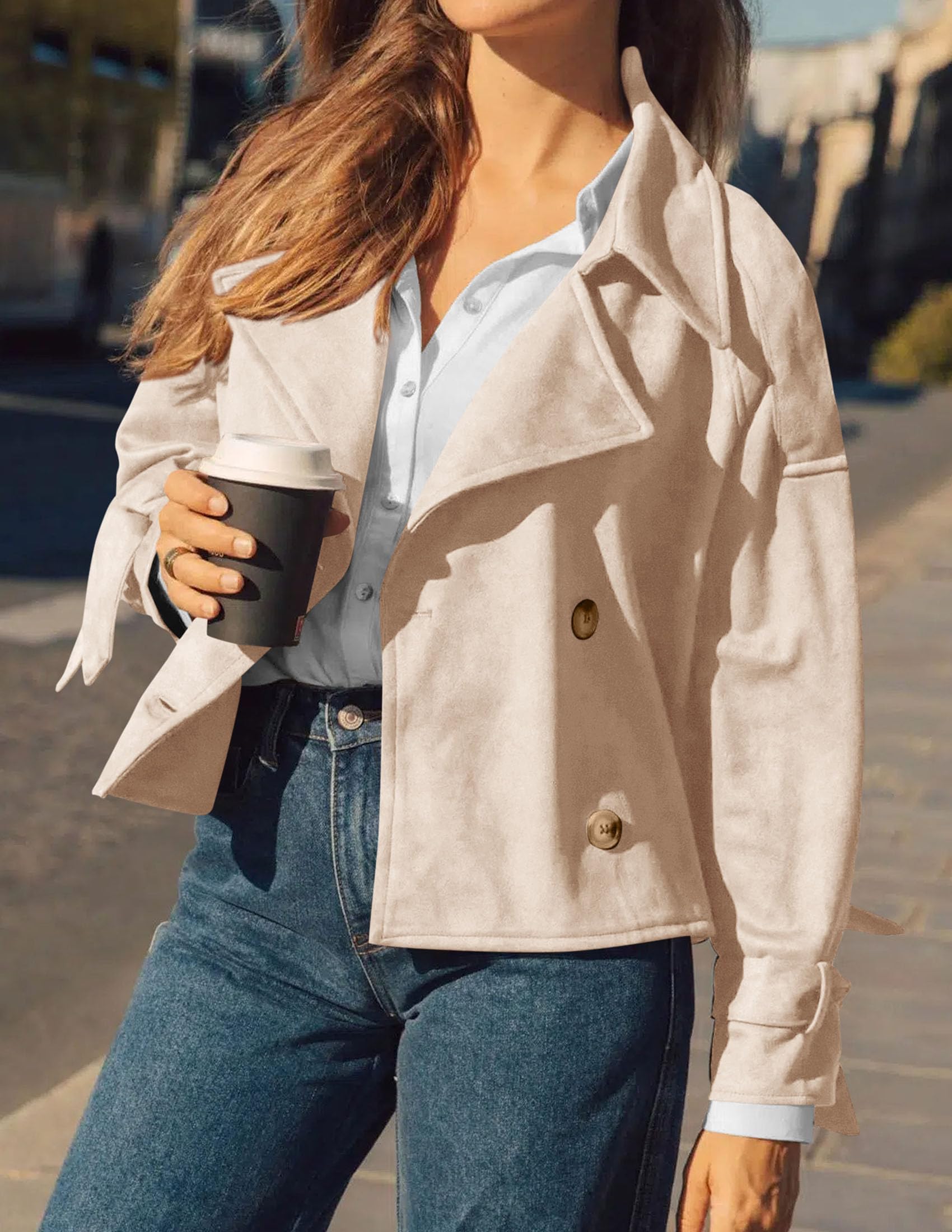 Women Faux Suede Double Breasted Trench Coat Cropped Jackets