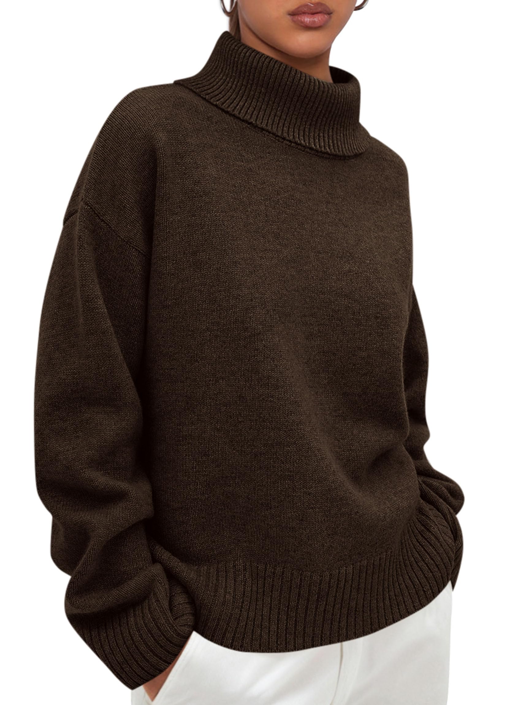 Womens Turtleneck Long Sleeve Knit Sweater,Brown,S