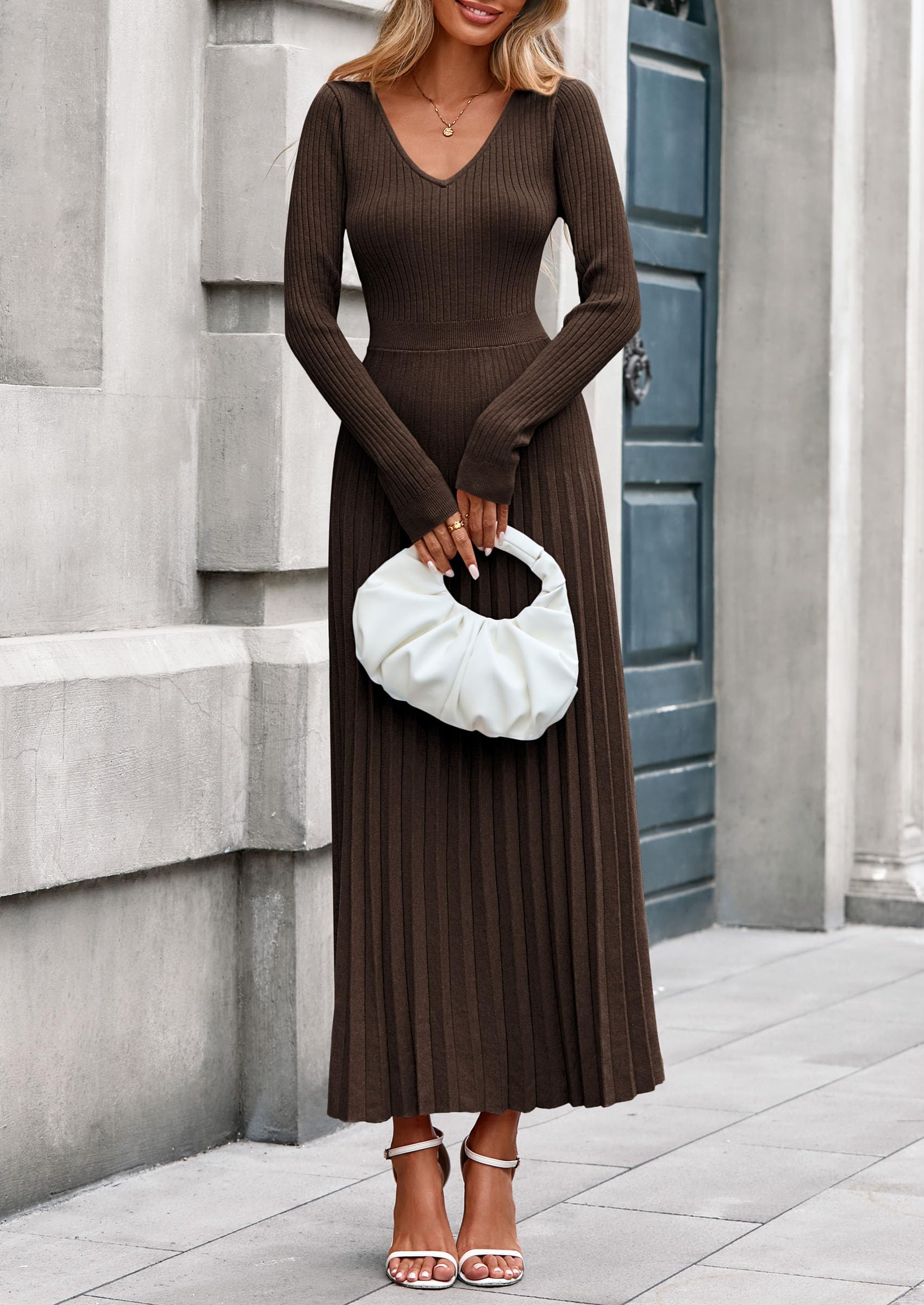 Sweater Dress Women Long Sleeve Maxi Flowy Pleated Dresses
