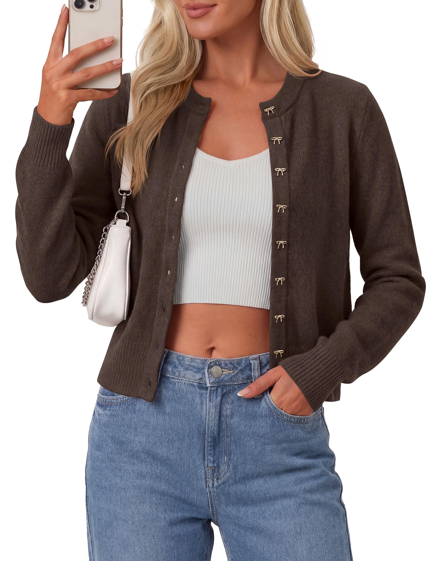 Cardigan Sweaters for Women Cropped Bow Button Up Cardigan