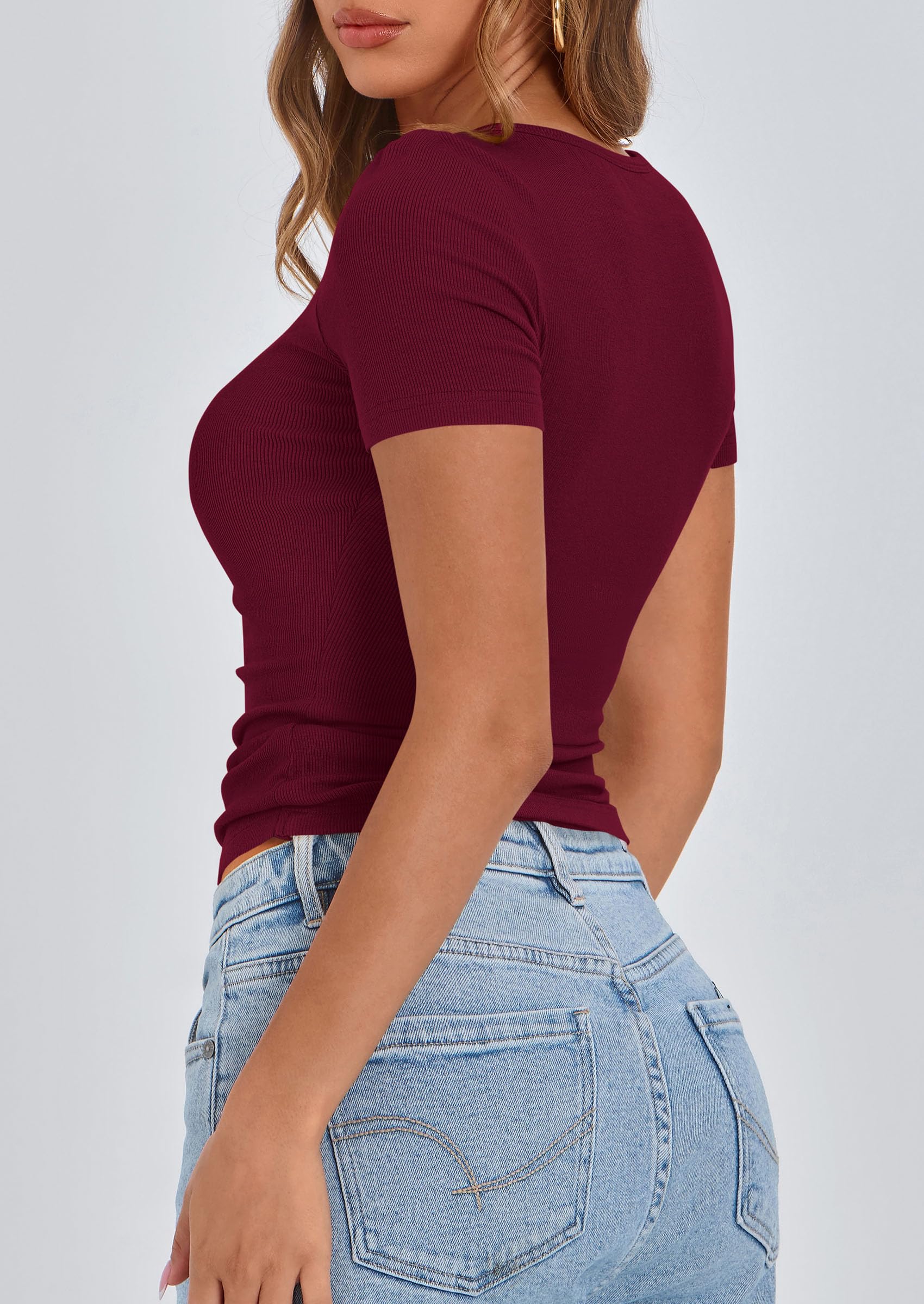 Women's Summer Tops Henley Tee Shirts (Wine Red,X-Small)