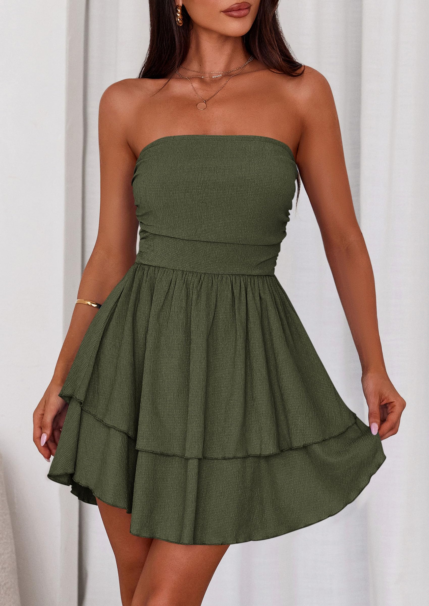 Women's Summer Strapless Flowy Mini Dresses (Army Green,S)