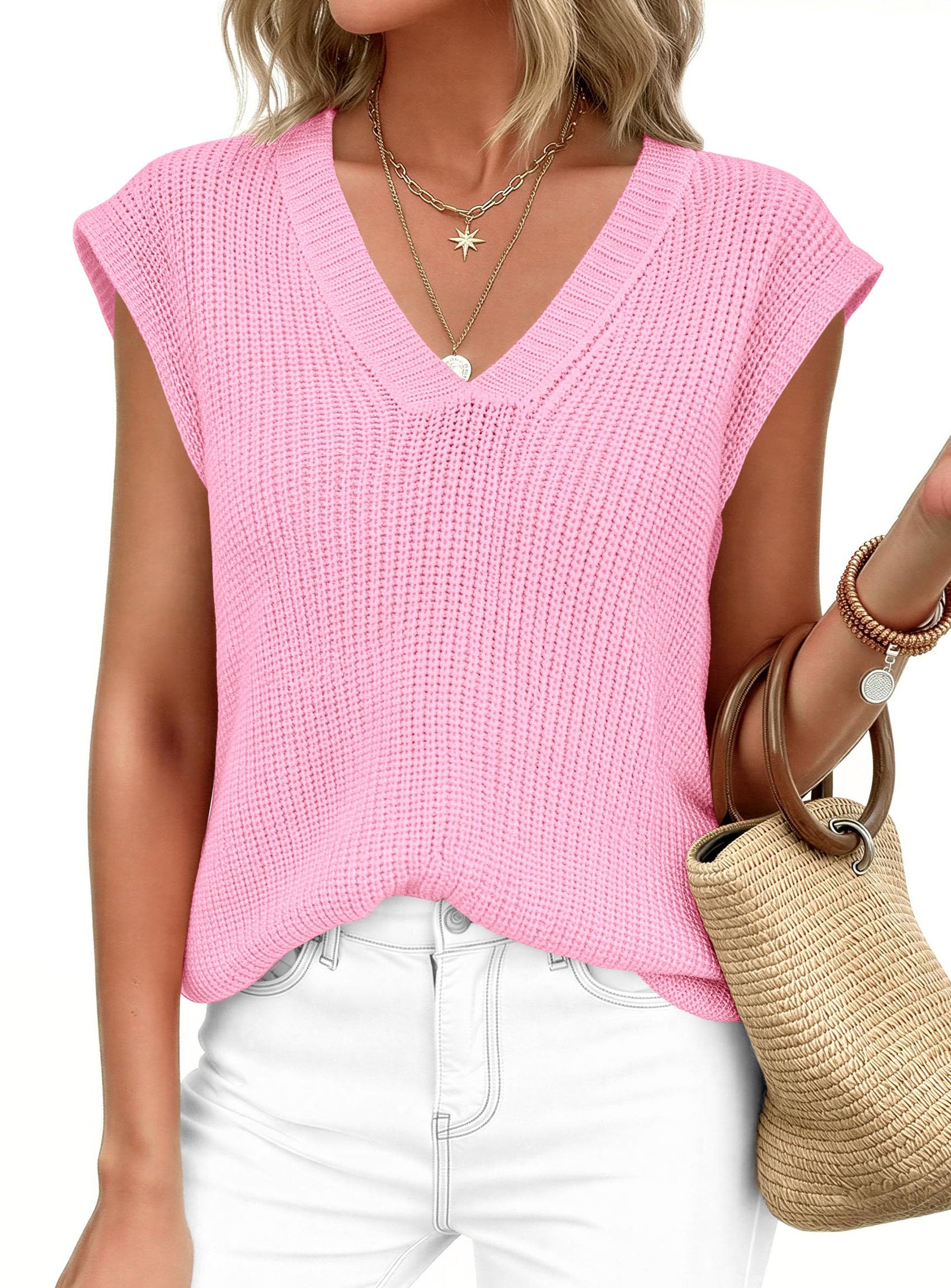 Women's Cap Sleeve Sweaters Vest Summer Tops (Pink,S)