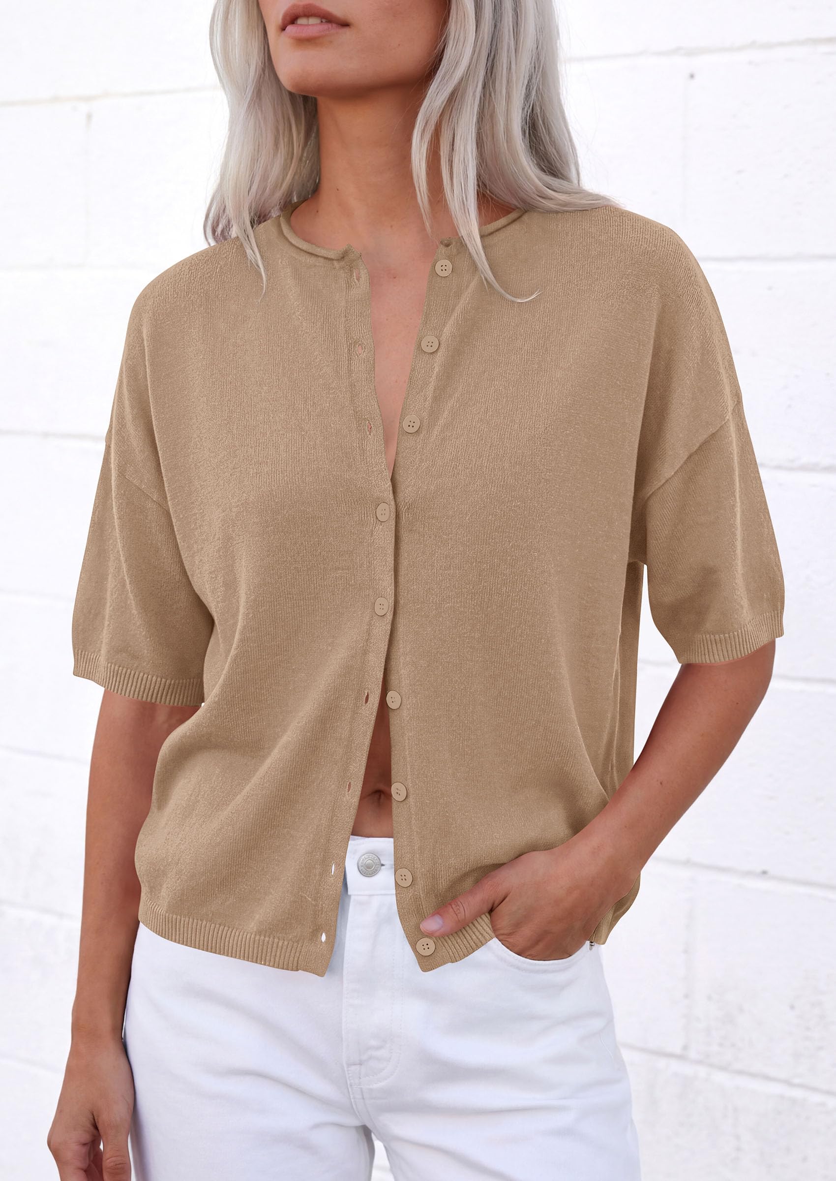 Women's Short Sleeve Cardigan Sweaters (Khaki,Small)