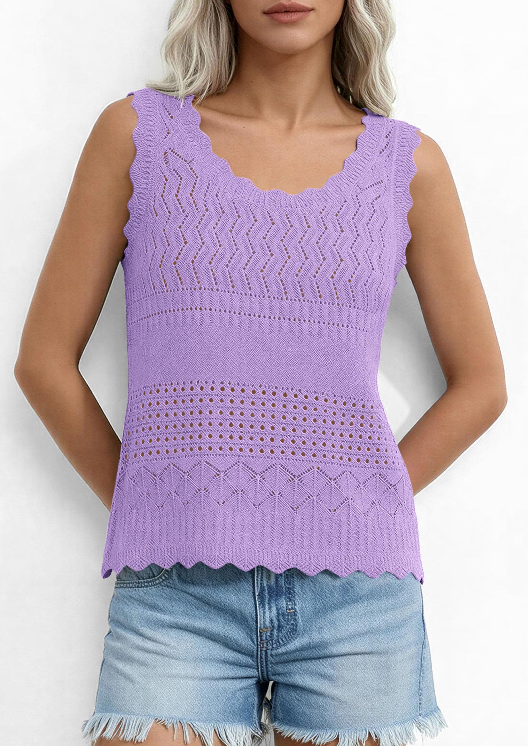 Womens Crochet Tank Tops Knit Sleeveless Vest,Purple,S