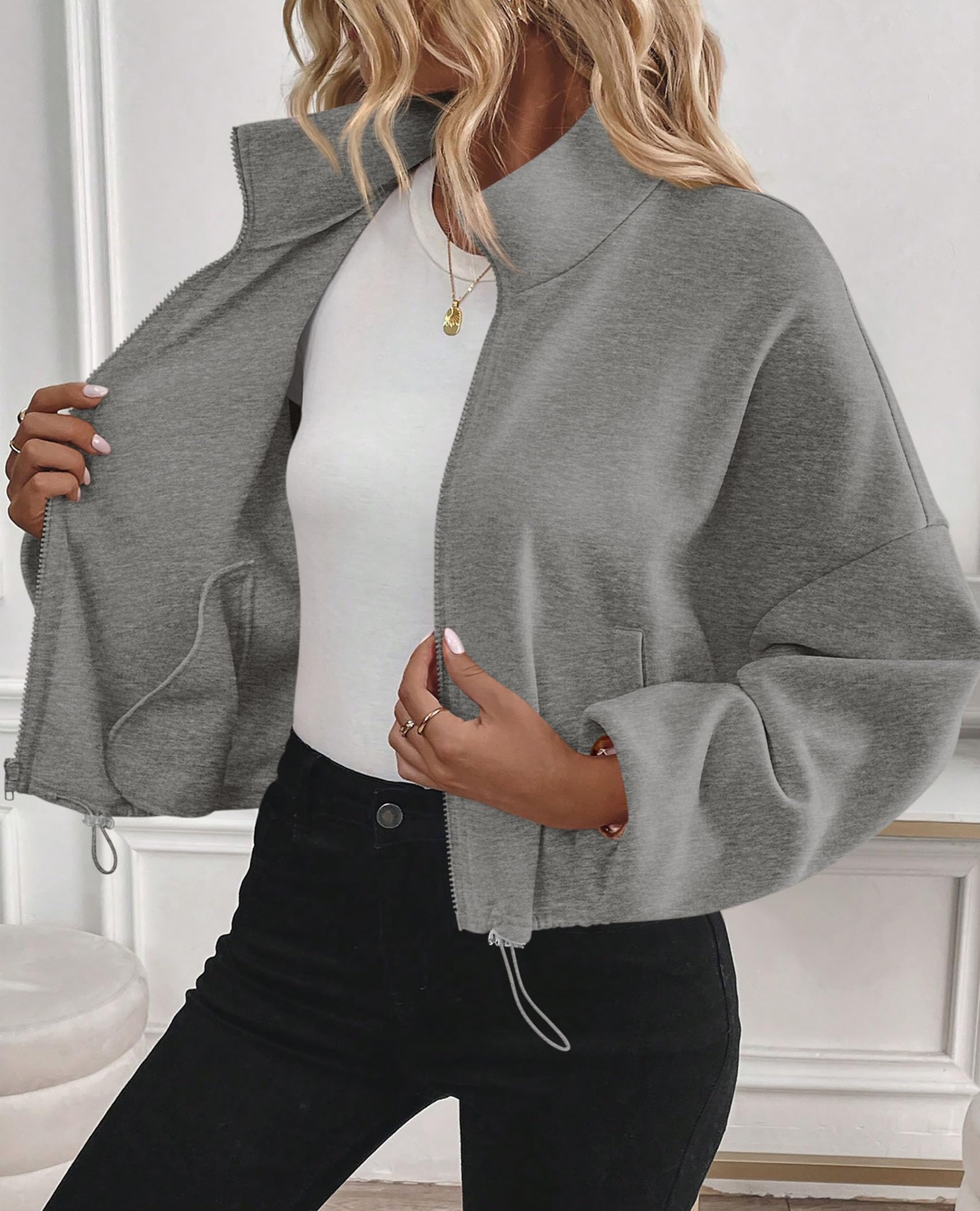 Women's Cropped Jacket Zip Up Fleece Sweatshirt Fall Outfits