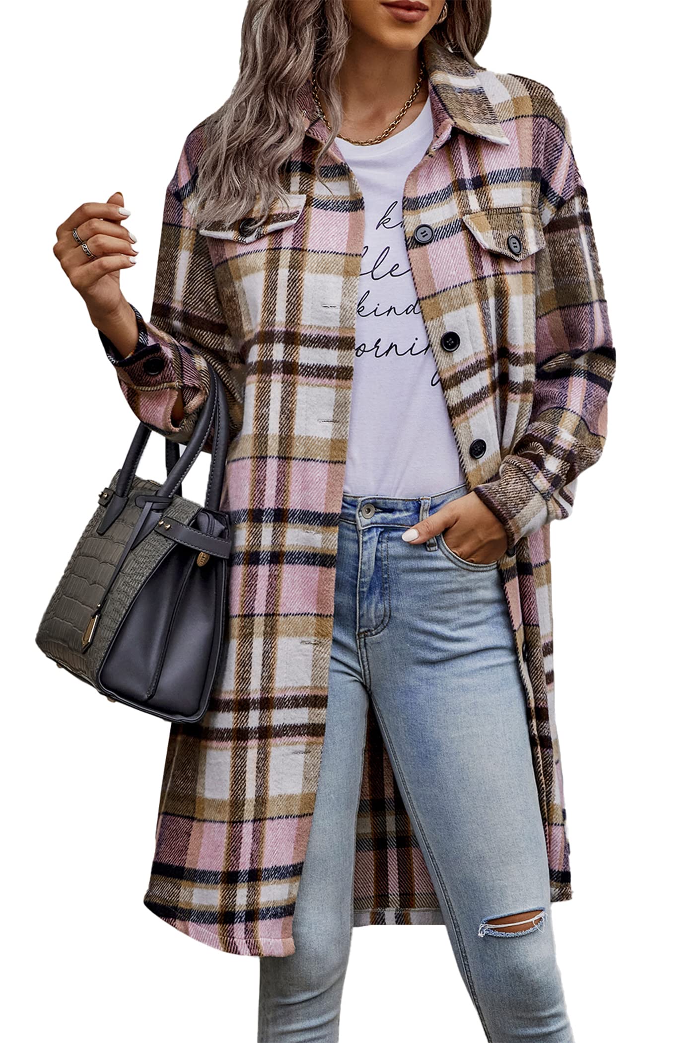 Womens Plaid Shacket Jacket Flannel Shirts,Pink,S
